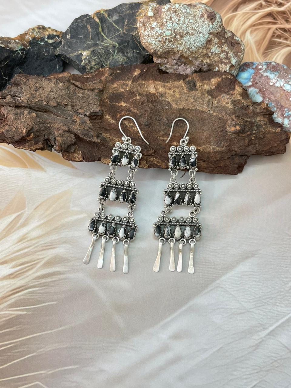 Handmade Sterling Silver White Buffalo Hook Dangle Earrings "Signed Nizhoni"