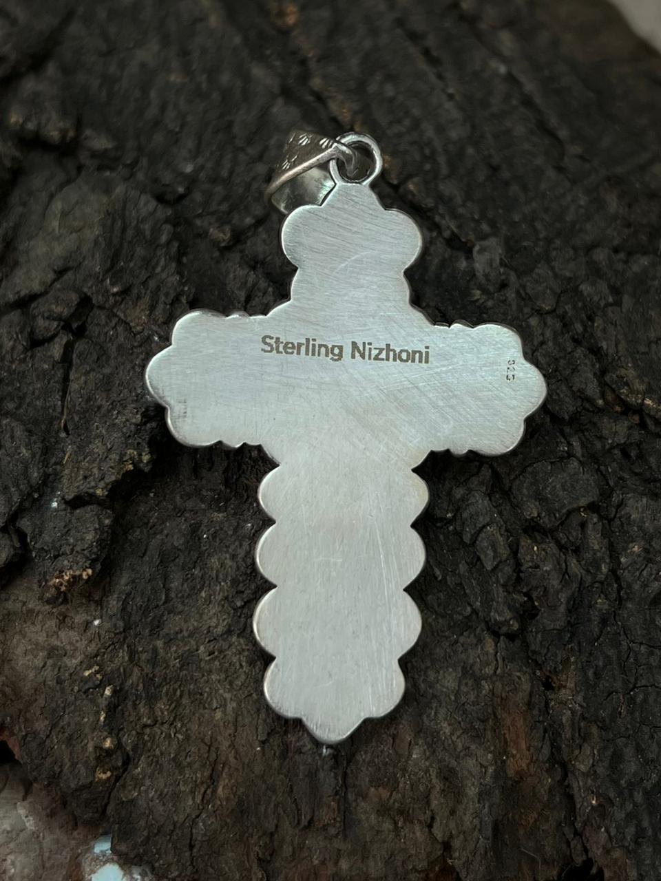 Handmade Sterling Silver Kingman Turquoise Cross Pendant "Signed Nizhoni" (5)