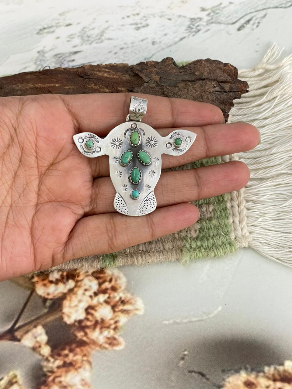 Handmade Sterling Silver Kingman Turquoise Bull Pendant "Signed Nizhoni"