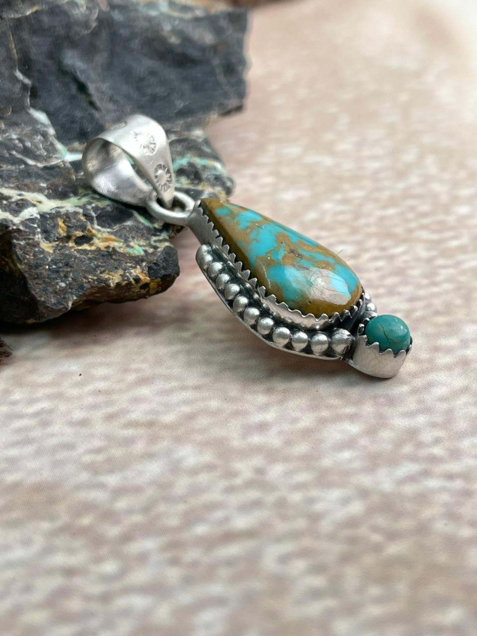 Handmade Sterling Silver Royston with Kingman Turquoise Pendant "Signed Nizhoni"