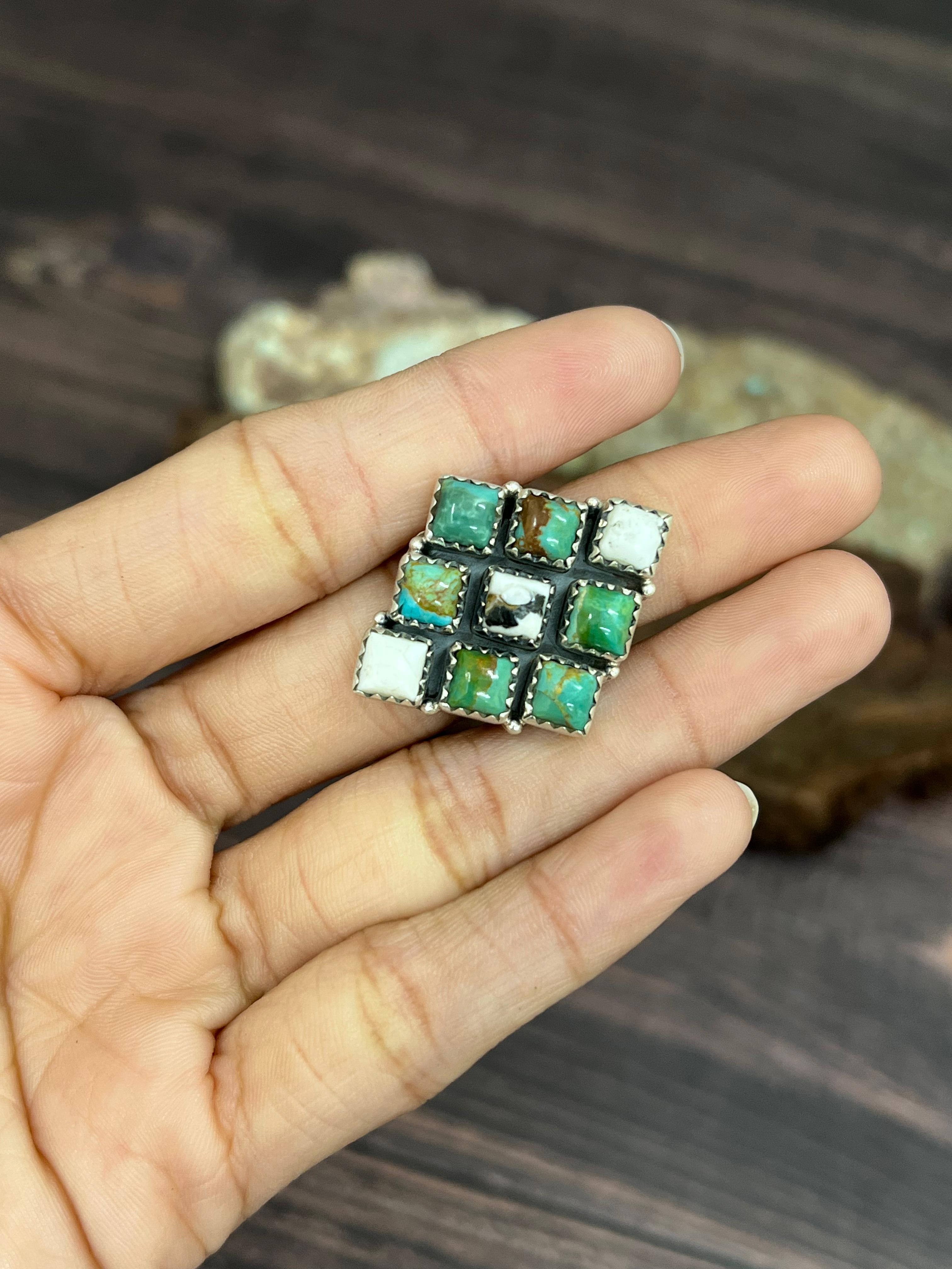 Handmade Sterling Silver Kingman with White Buffalo Turquoise Adjustable Ring with Signed Nizhoni