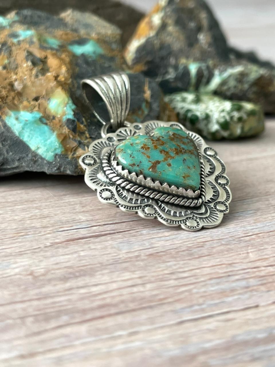 Handmade Sterling Silver Mantis Turquoise Heart Pendant " Signed Nizhoni"