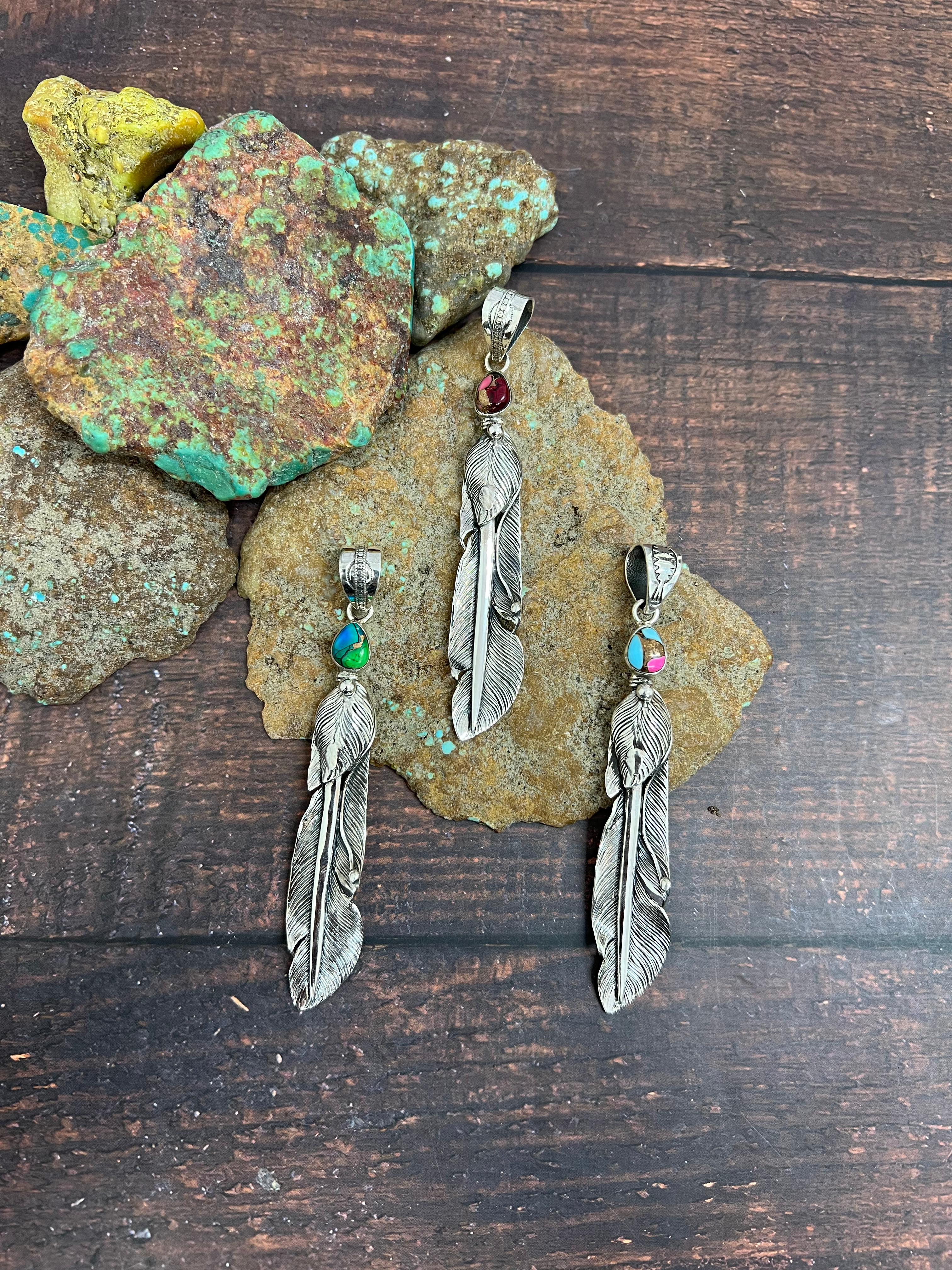 Handmade Sterling Silver Peacock Dahlia, Cotton Candy, Dahlia Rose Feather Pendant with Signed Nizhoni