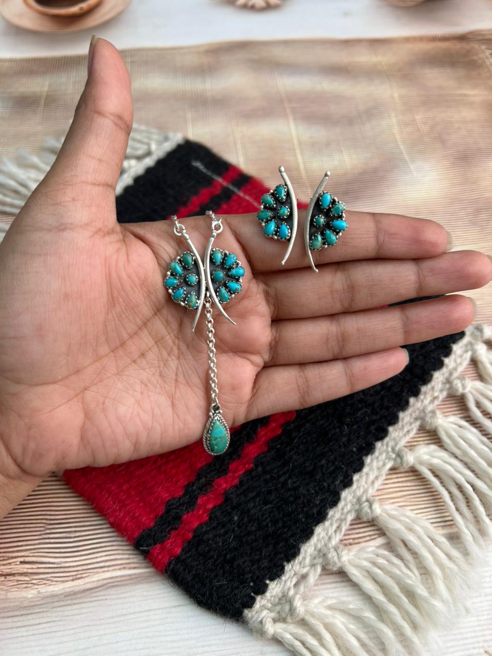 Handmade Sterling Silver Kingman Turquoise Necklace Earrings Set "Signed Nizhoni"