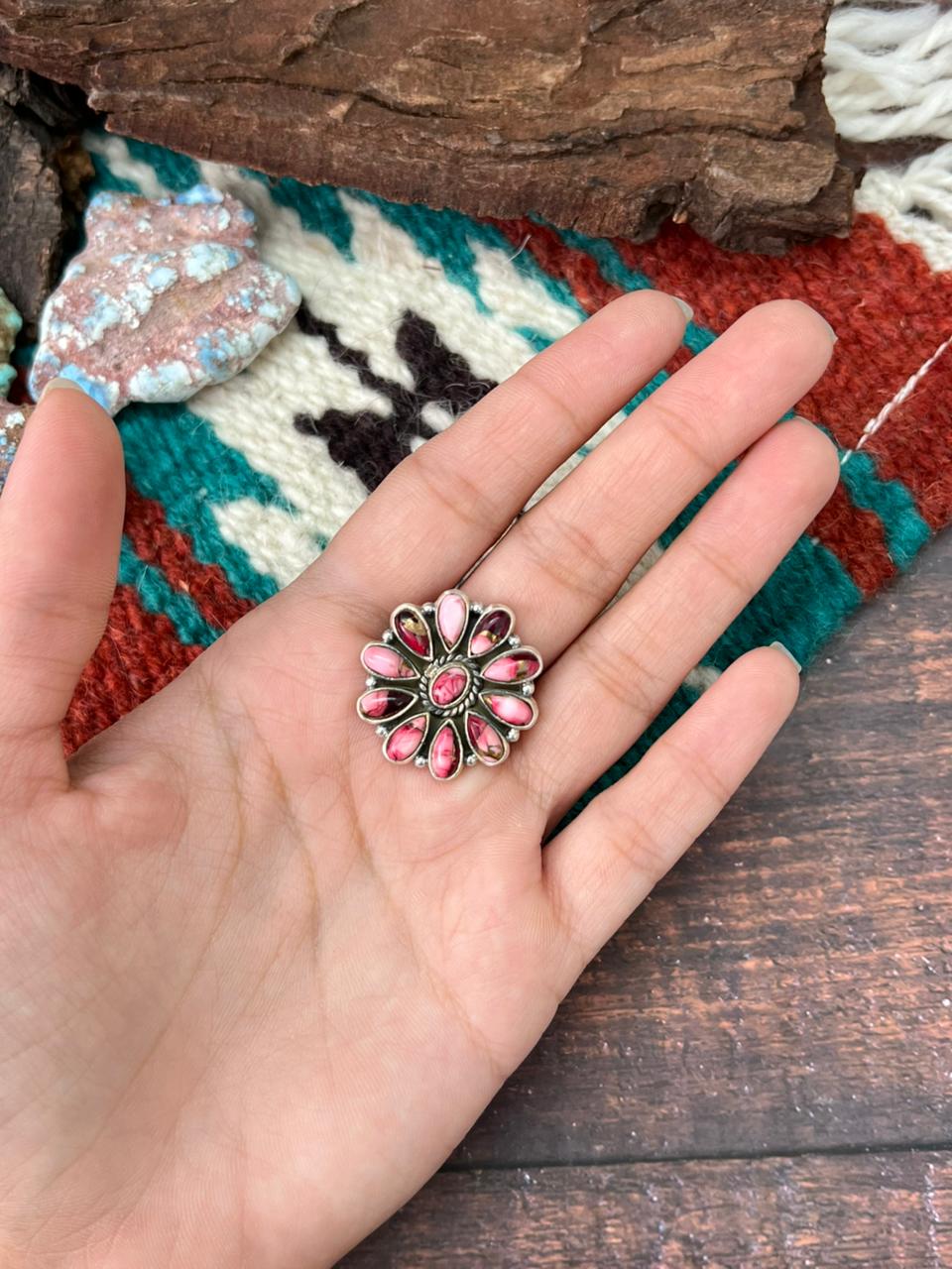 Handmade Sterling Silver Dahlia Rose Adjustable Ring " Signed Nizhoni" (4)