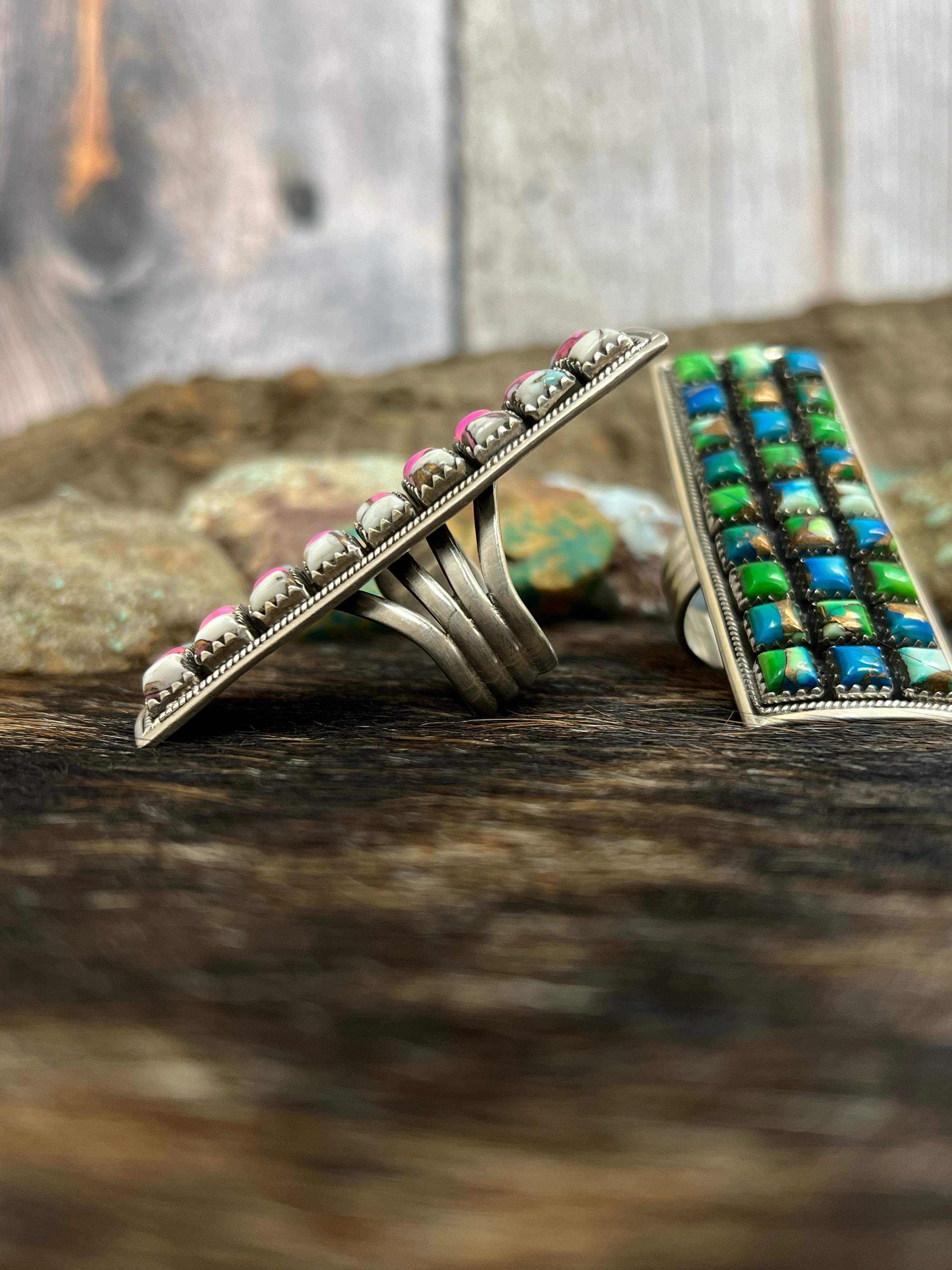 Handmade Sterling Silver Cotton Candy Turquoise, Peacock Dahlia Adjustable Rings with Signed Nizhoni