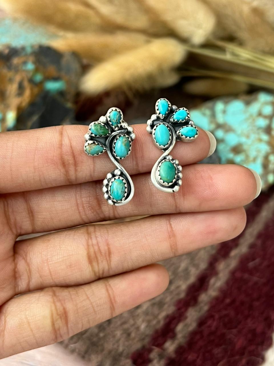 Handmade Sterling Silver Kingman Turquoise Post Studs Earrings "Signed Nizhoni"