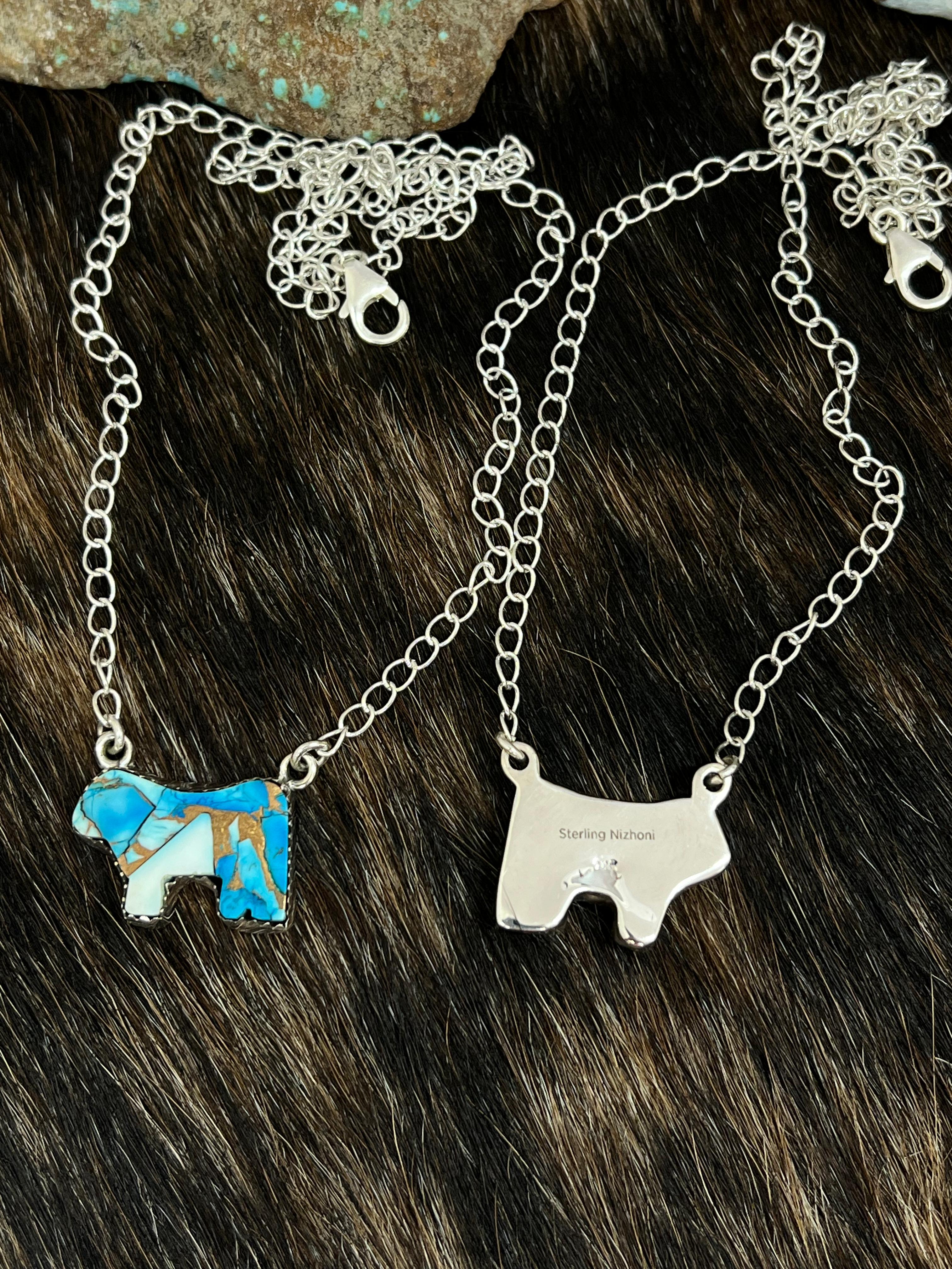 Handmade Sterling Silver Honey Dahlia, Blue Ice Rose Dahlia Bull Necklace with Signed Nizhoni