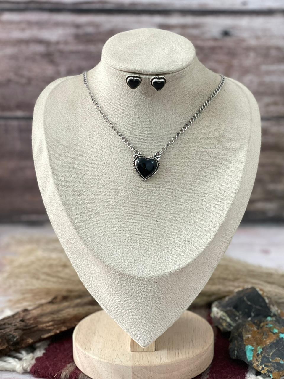 Handmade Sterling Silver Black Onyx Heart Necklace Earrings Set "Signed Nizhoni"