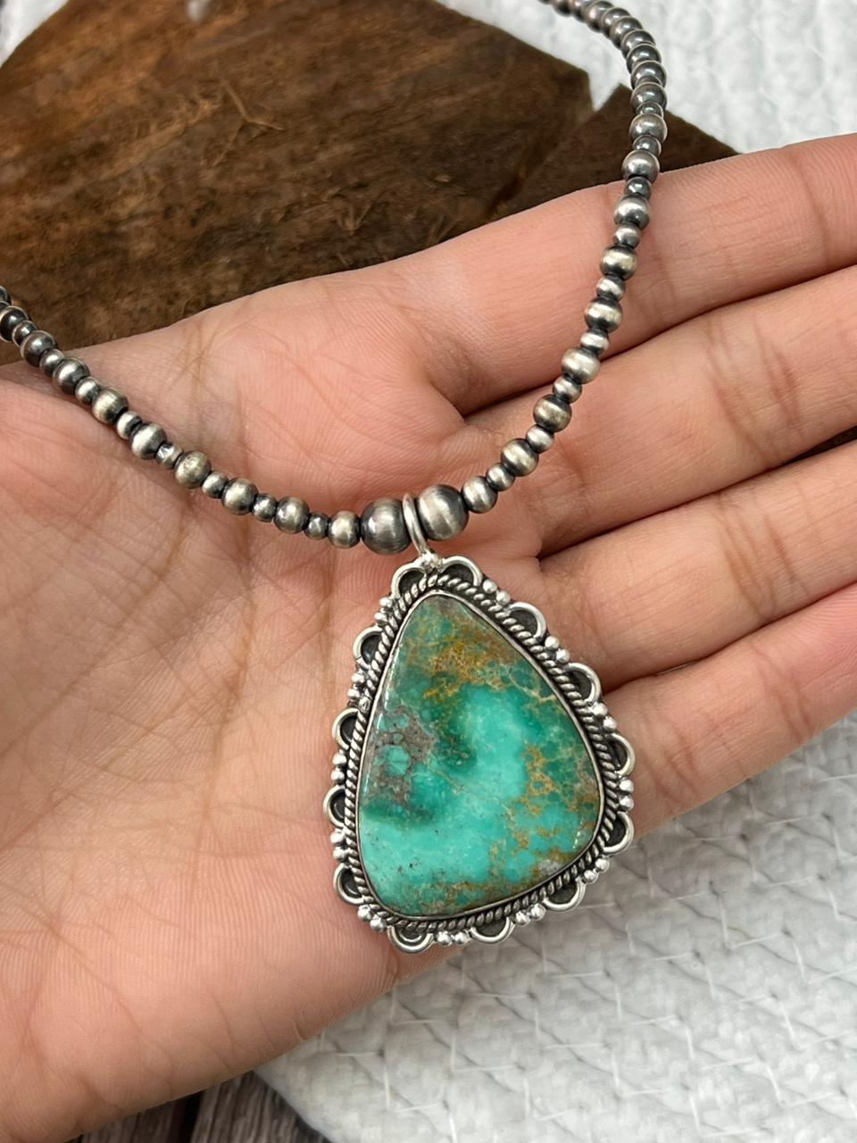 Handmade Sterling Silver Beaded Mantis Turquoise Necklace "Signed Nizhoni"