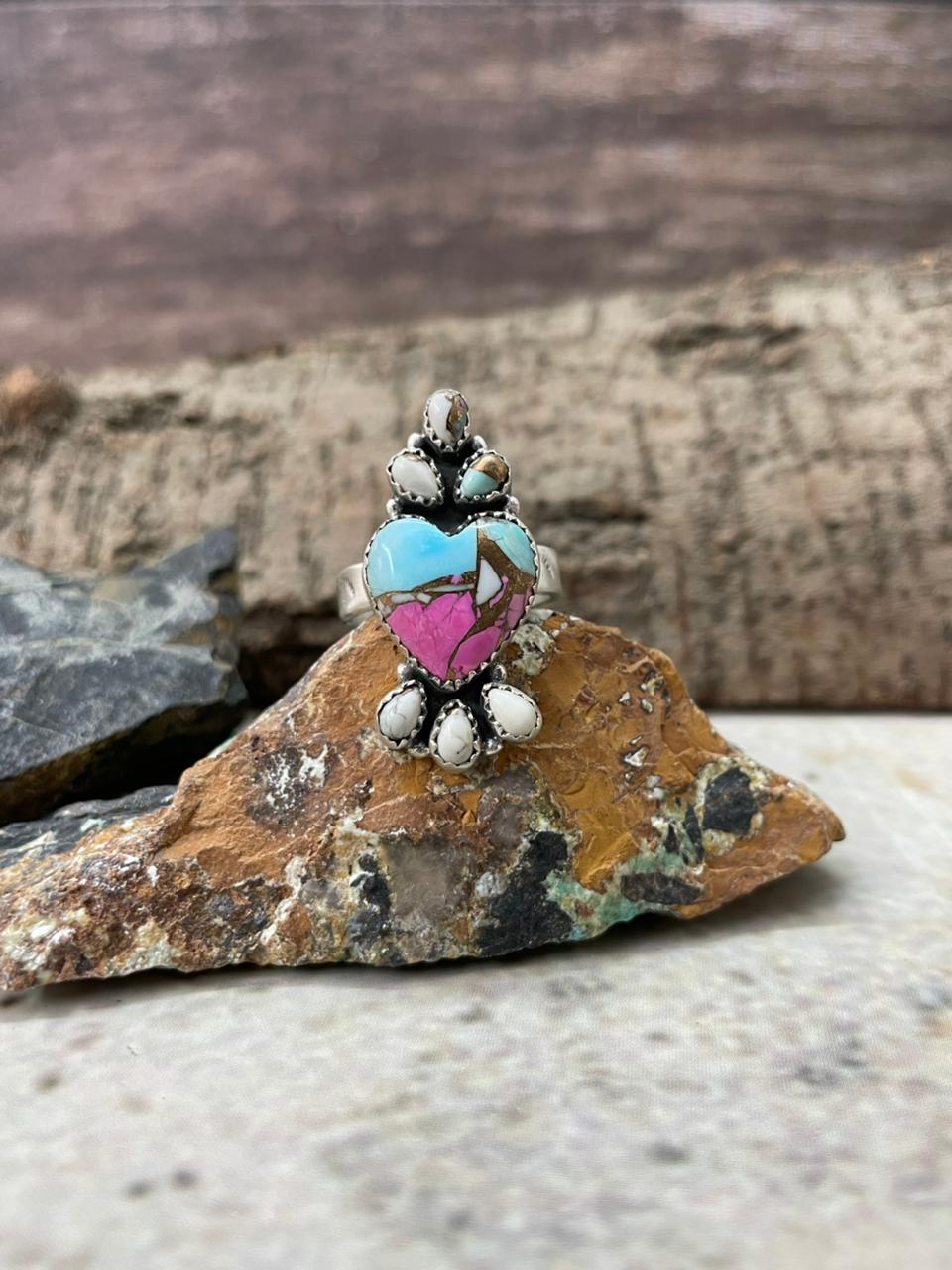 "Heart Collection" Handmade Sterling Silver Cotton Candy Adjustable Ring "Signed Nizhoni"