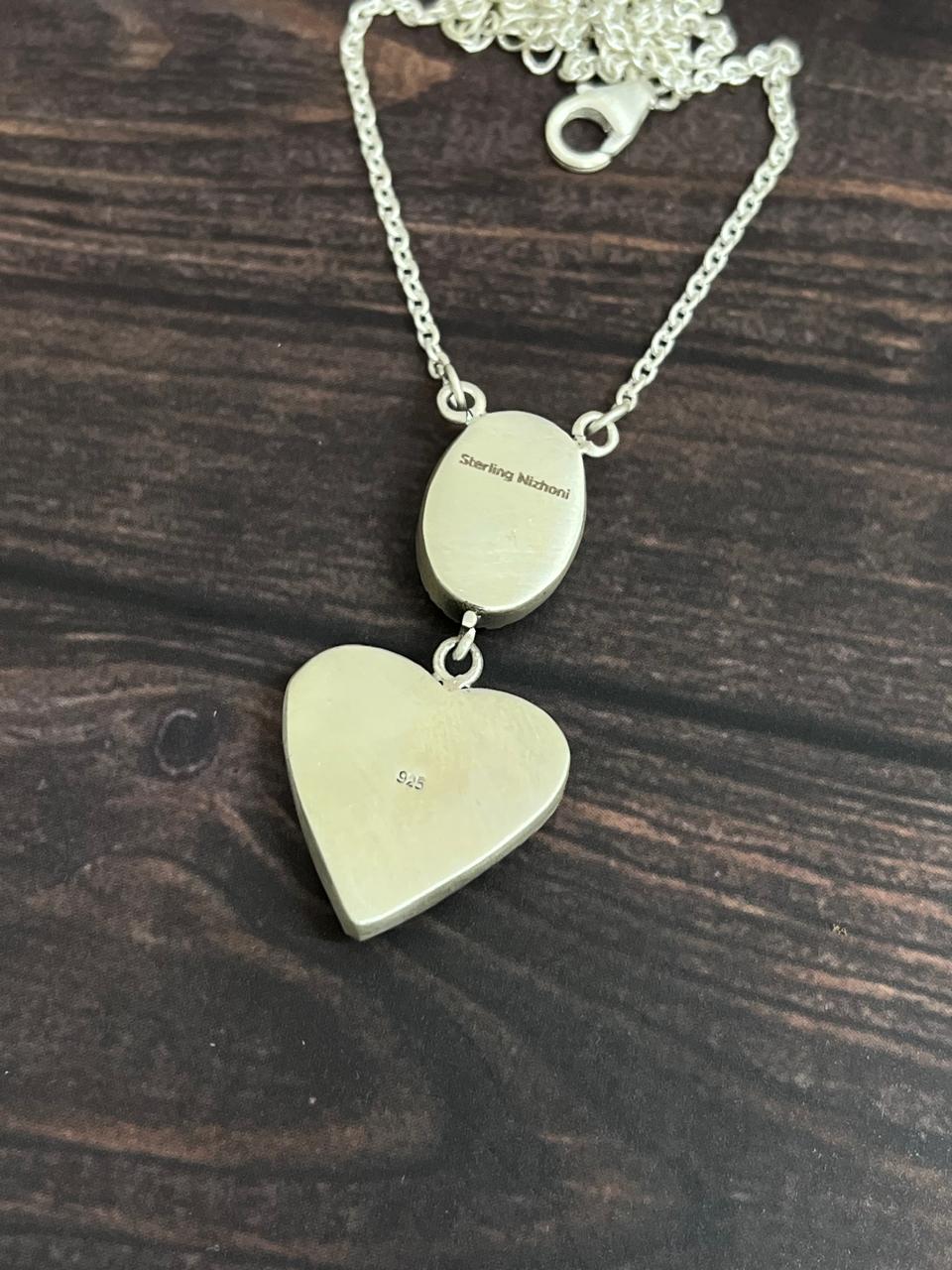Handmade Sterling Silver Ribbon Royston Heart Necklace with Signed Nizhoni