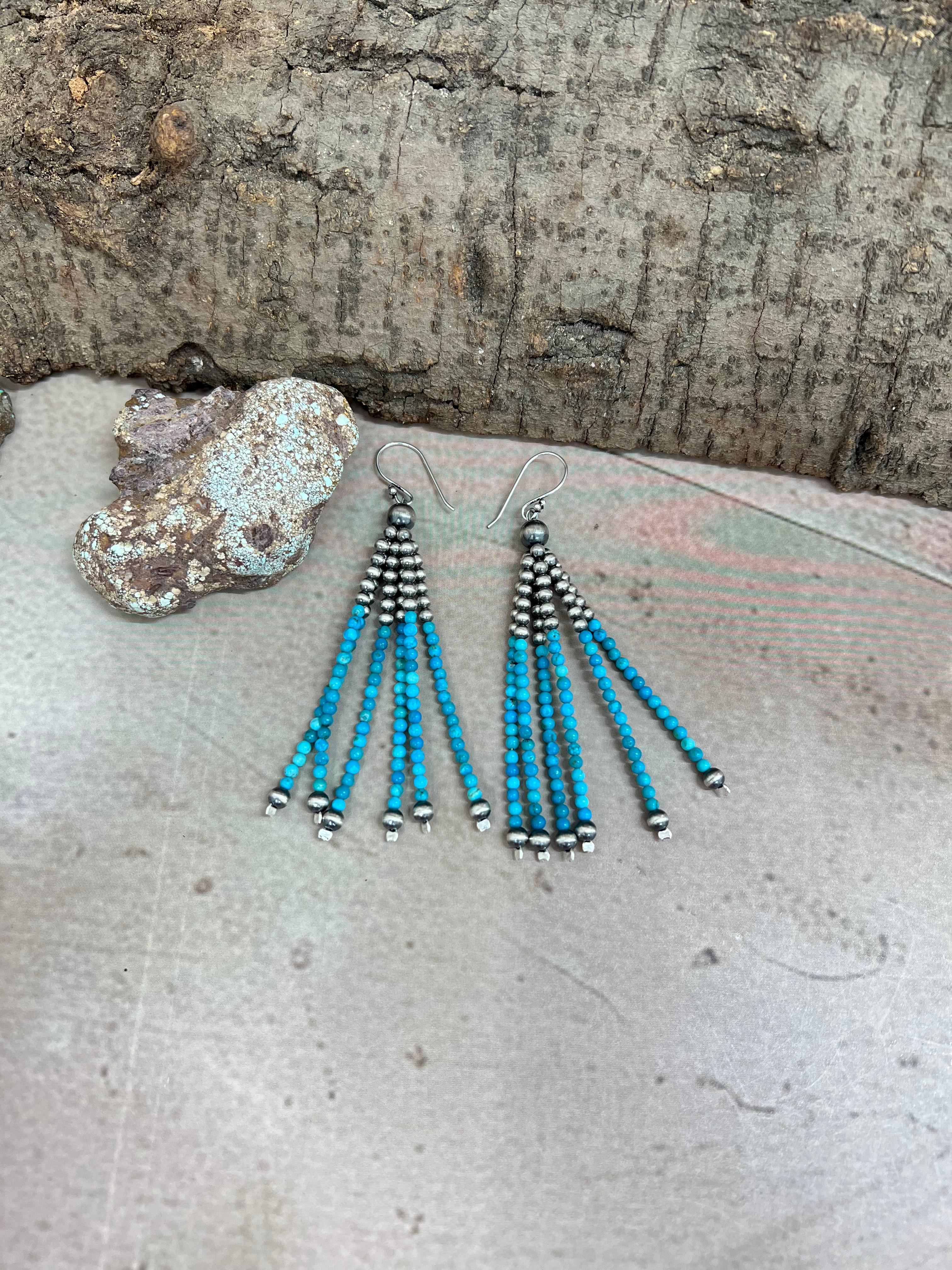 Handmade Sterling Silver Kingman Turquoise Beaded Hook Earrings with Signed Nizhoni