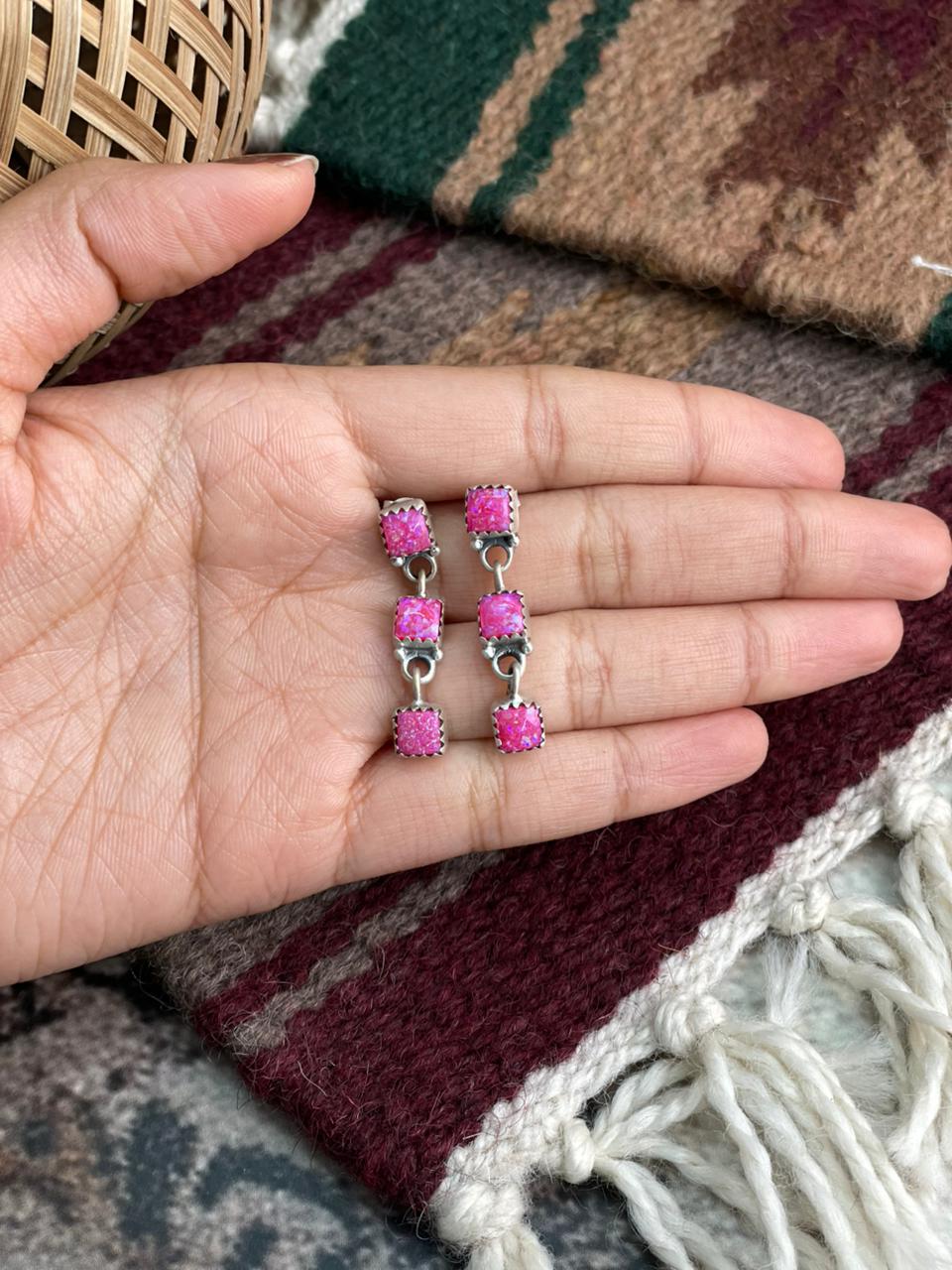 Handmade Sterling Silver Hot Pink Post Dangle Earrings "Signed Nizhoni"