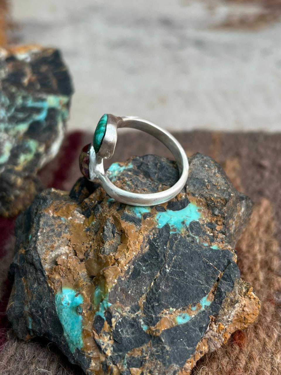 Handmade Sterling Silver Dahlia Rose With Emerald Valley Turquoise Ring "Signed Nizhoni"