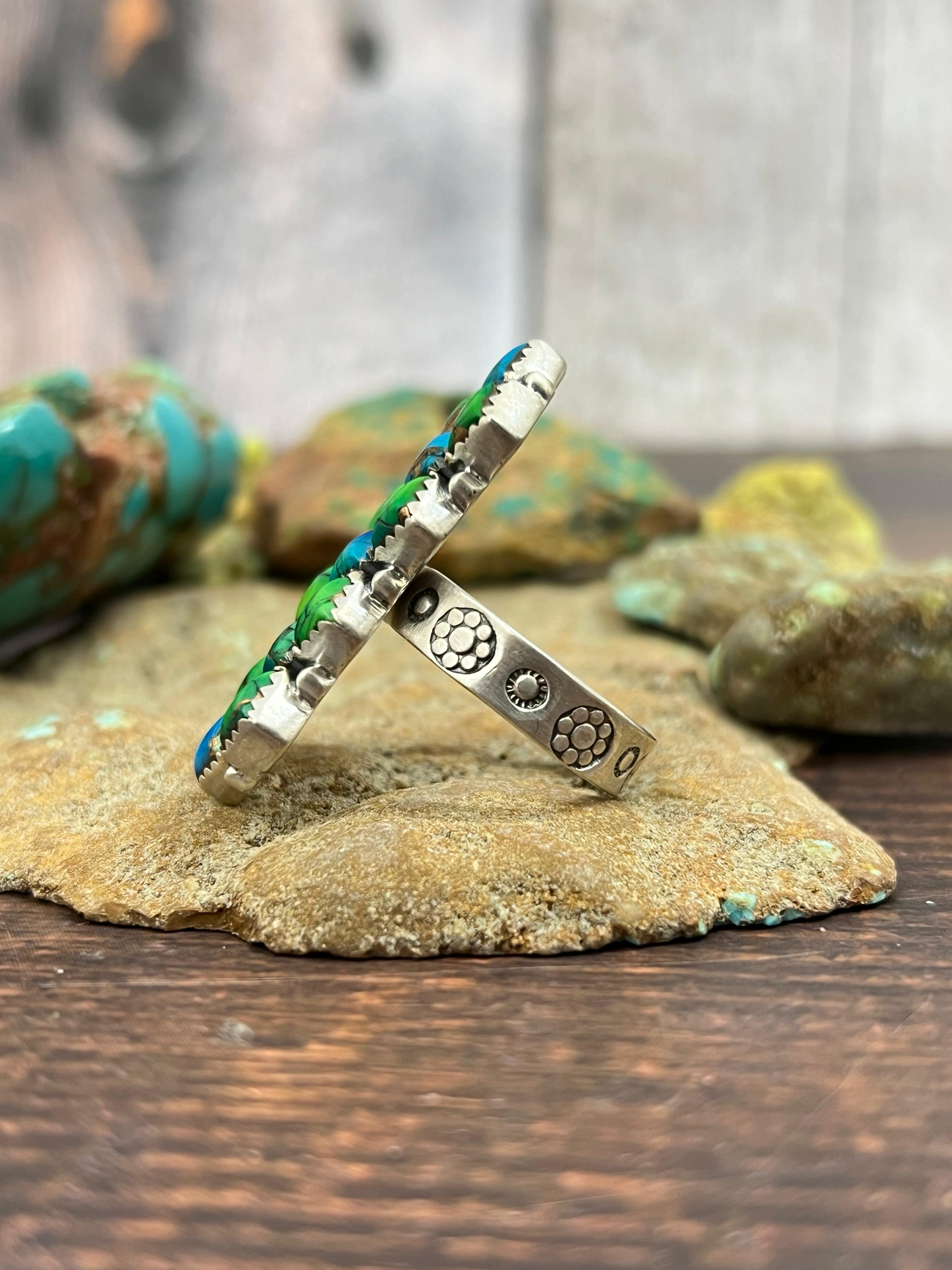 Handmade Sterling Silver Peacock Dahlia Adjustable Ring with Signed Nizhoni