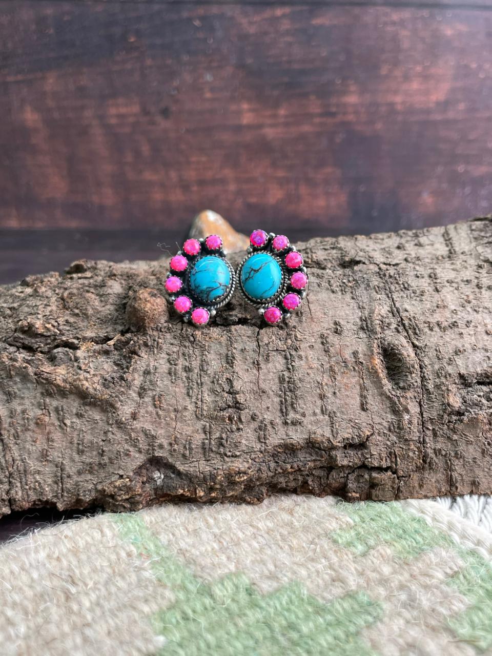 Handmade Sterling Silver Arizona Blue Turquoise with Hot Pink Post Studs Earrings "Signed Nizhoni"