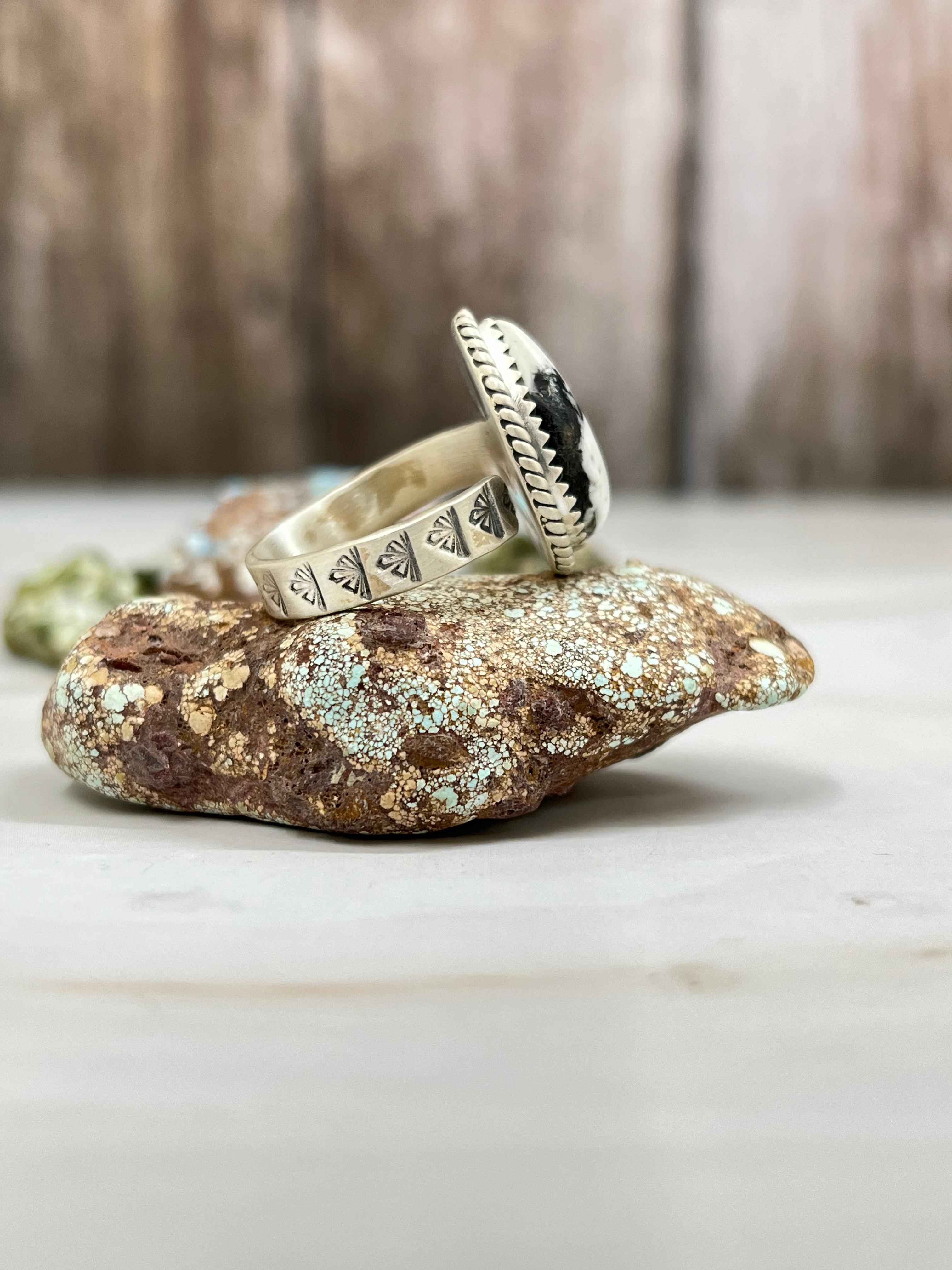 Handmade Sterling Silver White Buffalo Turquoise Adjustable Ring with Signed Nizhoni