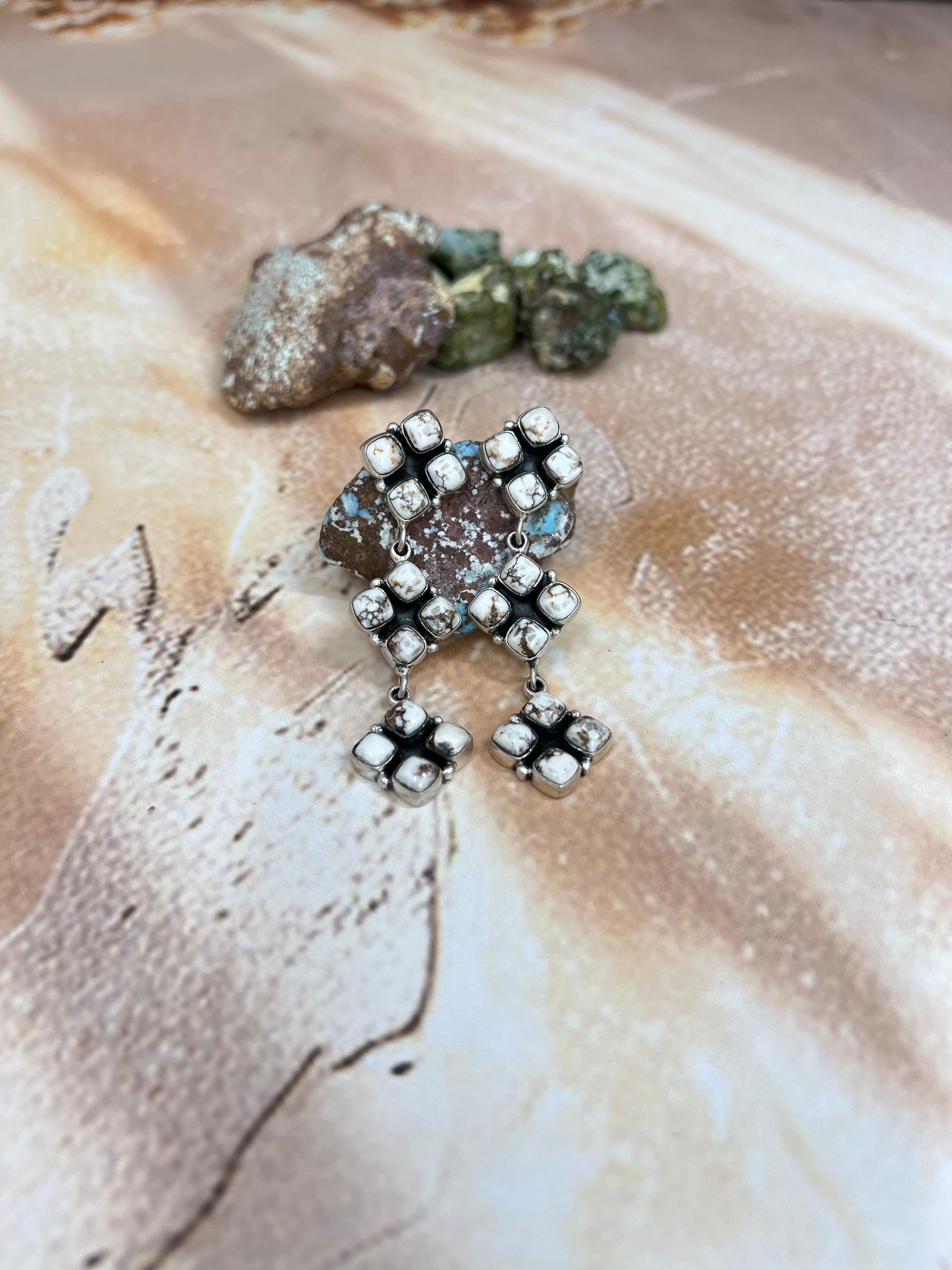 Handmade Sterling Silver Wild Horse Turquoise Dangles Earrings with Signed Nizhoni