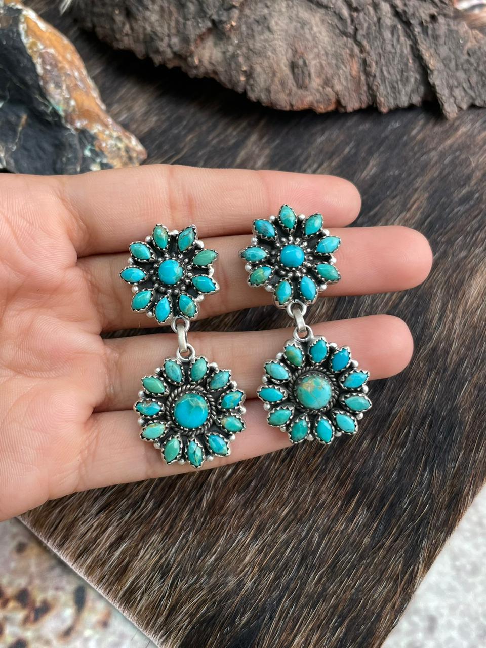Handmade Sterling Silver Kingman Turquoise Post Dangle Earrings "Signed Nizhoni"