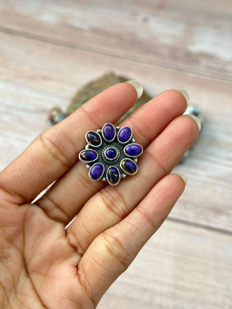 Handmade Sterling Silver Grape Dahlia Adjustable Ring "Signed Nizhoni"