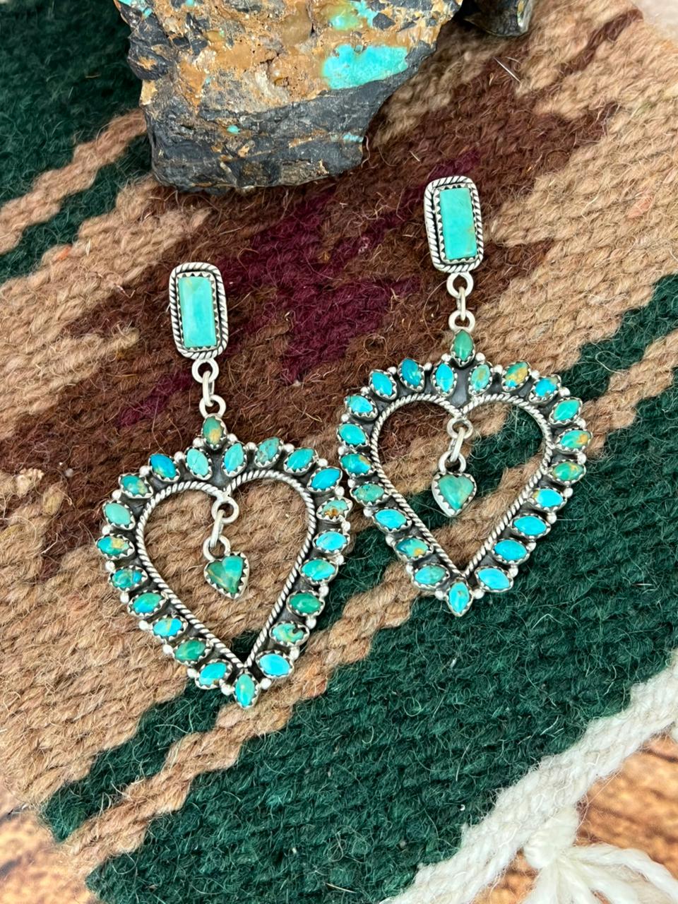 Handmade Sterling Silver Kingman Turquoise Heart Shape Post Dangle Earrings "Signed Nizhoni"