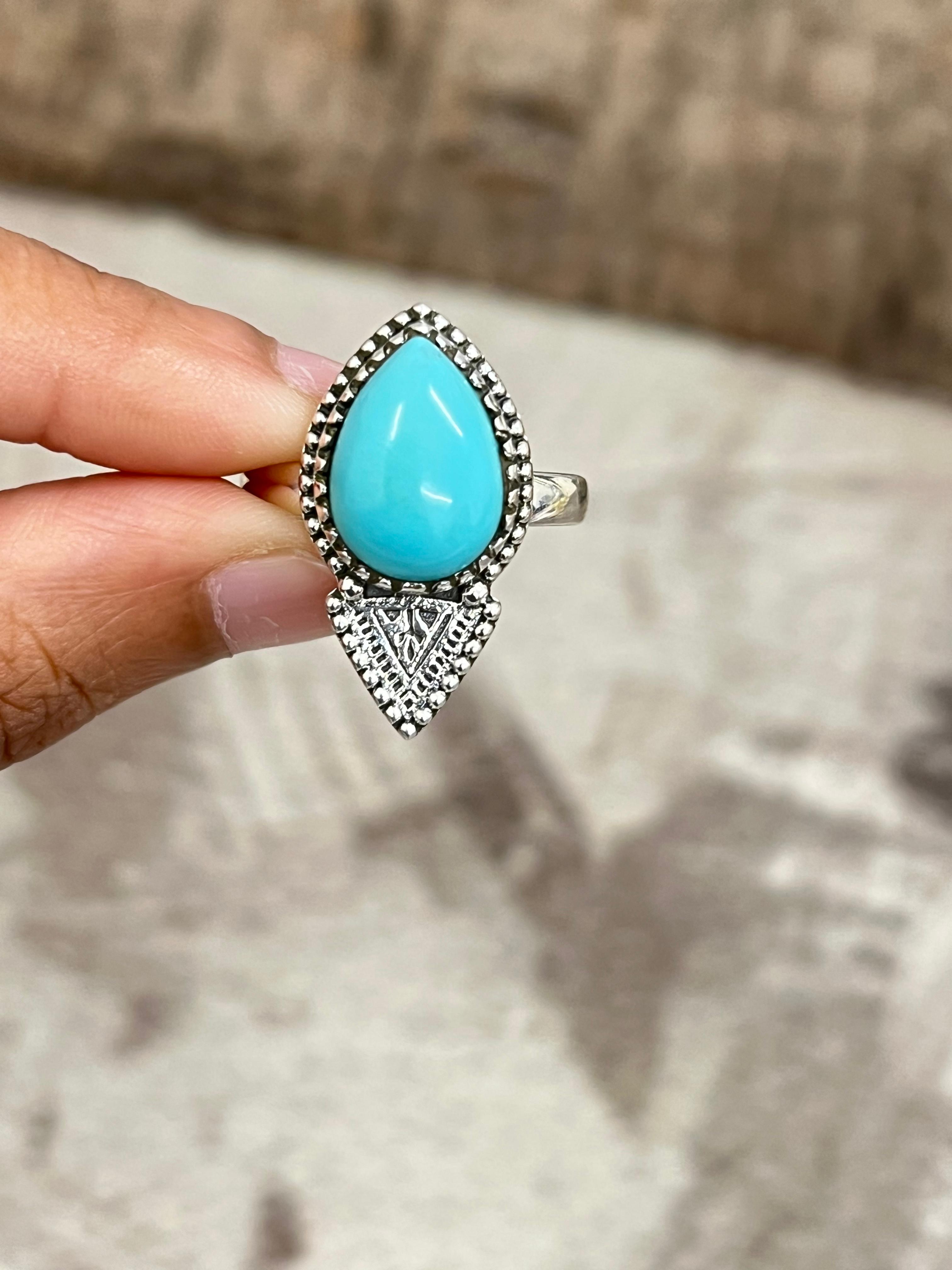 Handmade Sterling Silver Kingman Turquoise Ring with Signed Nizhoni Size 8.5