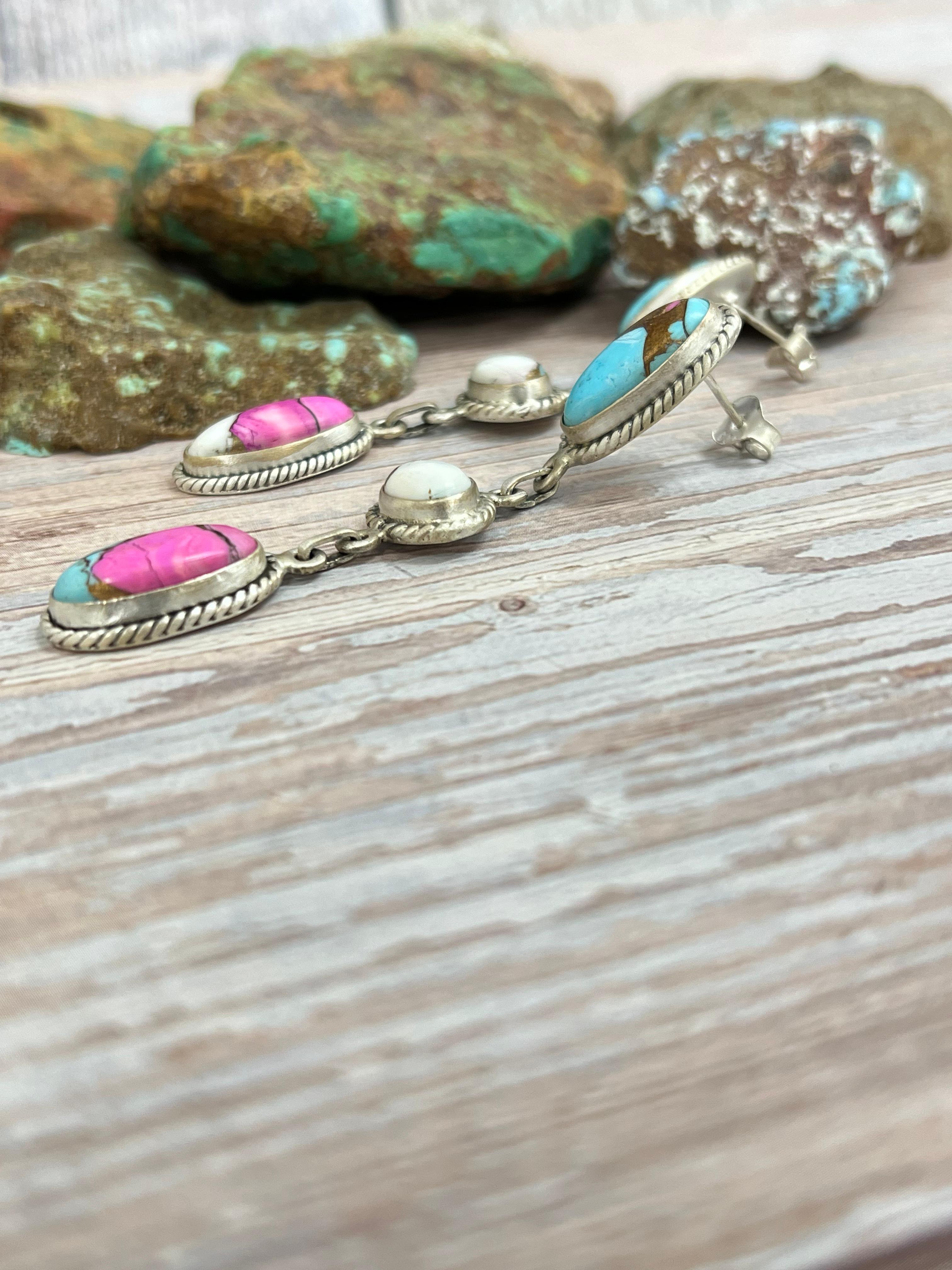 Handmade Sterling Silver Cotton Candy Turquoise Post Dangle Earrings with Signed Nizhoni (2)