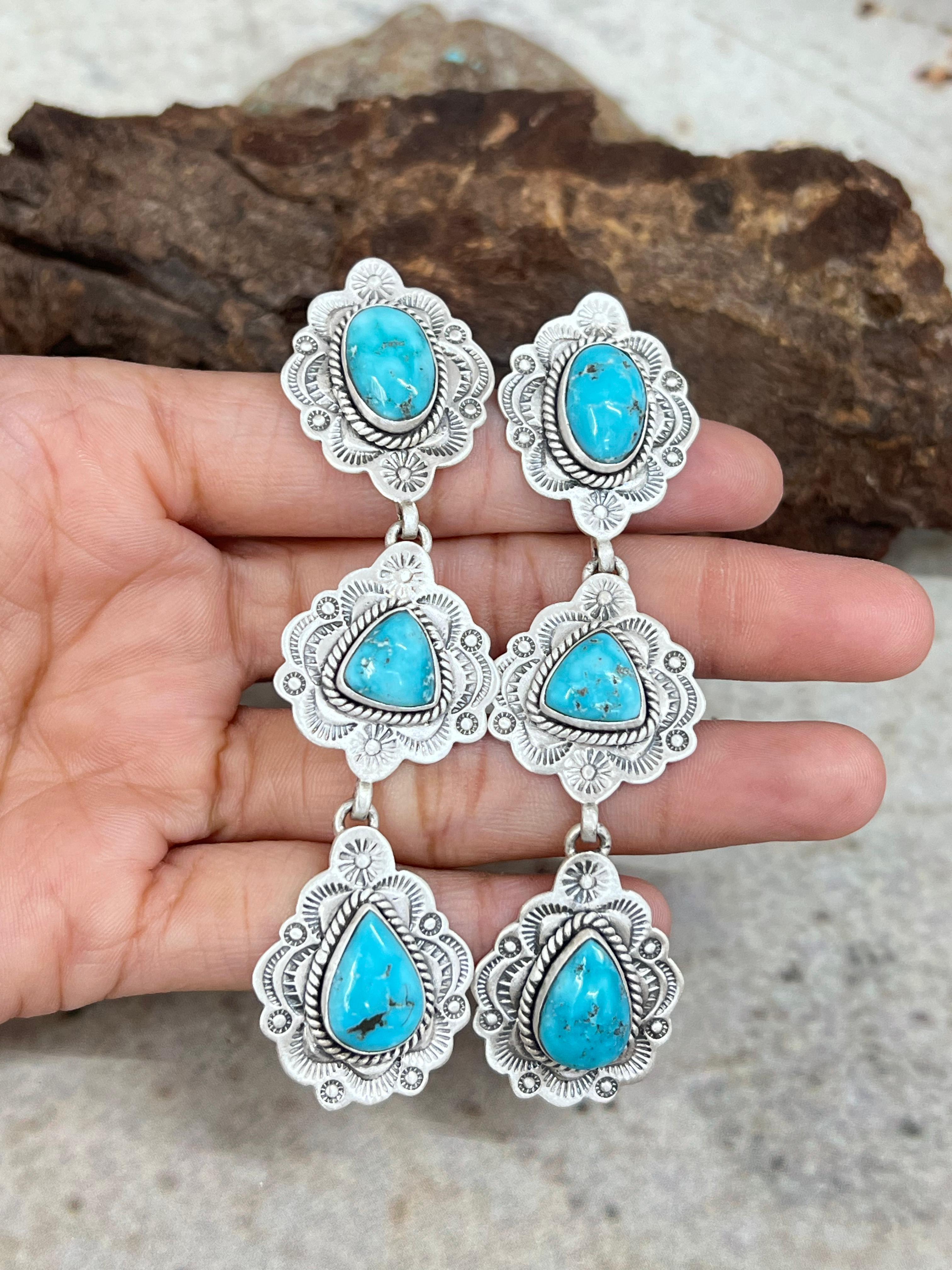 Handmade Sterling Silver White Water Turquoise Dangle Earrings with Signed Nizhoni