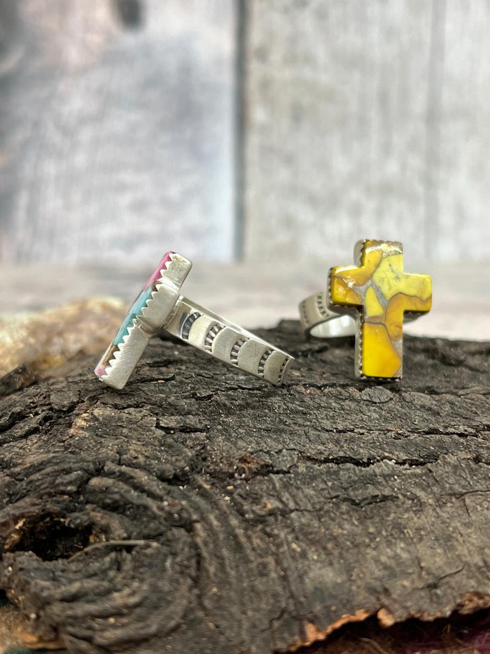 Handmade Sterling Silver Honey Dahlia, Cotton Candy Turquoise Cross Adjustable Ring with Signed Nizhoni