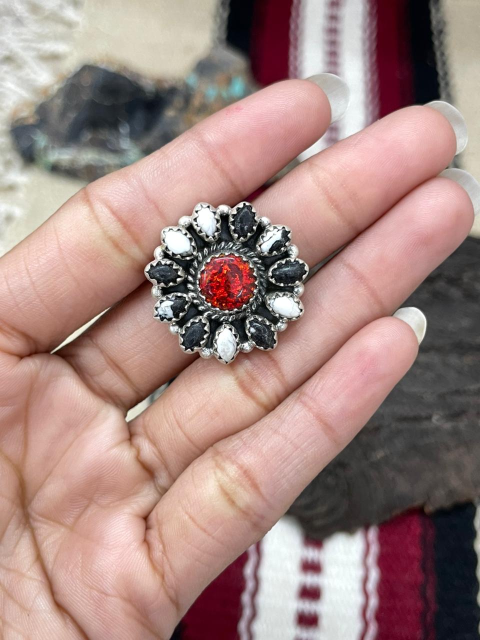 "Christmas Collection" Handmade Sterling Silver White Buffalo with Red Opal Adjustable Ring "Signed Nizhoni"