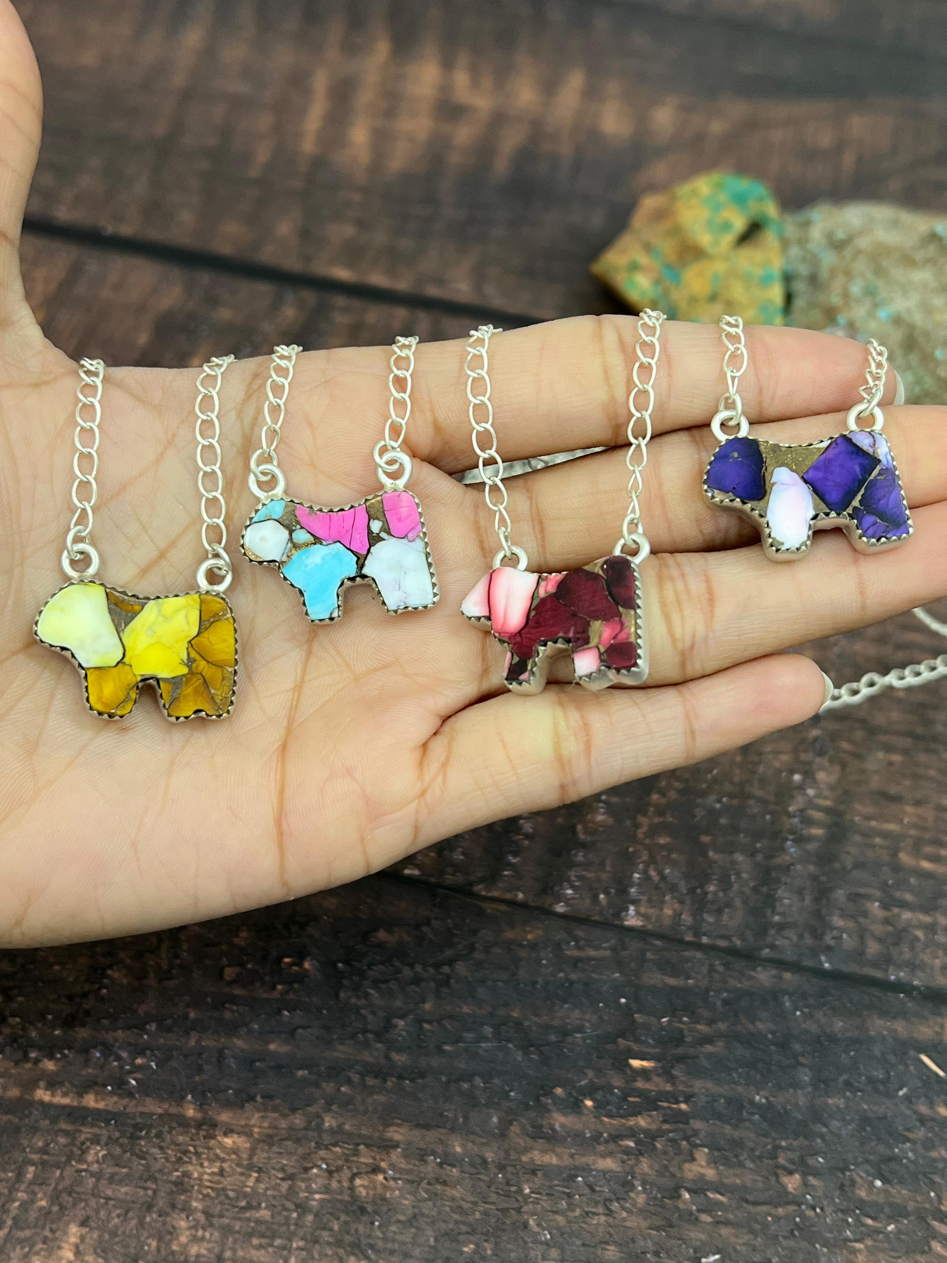 Handmade Sterling Silver Multi Gemstone Bull Necklace with Signed Nizhoni