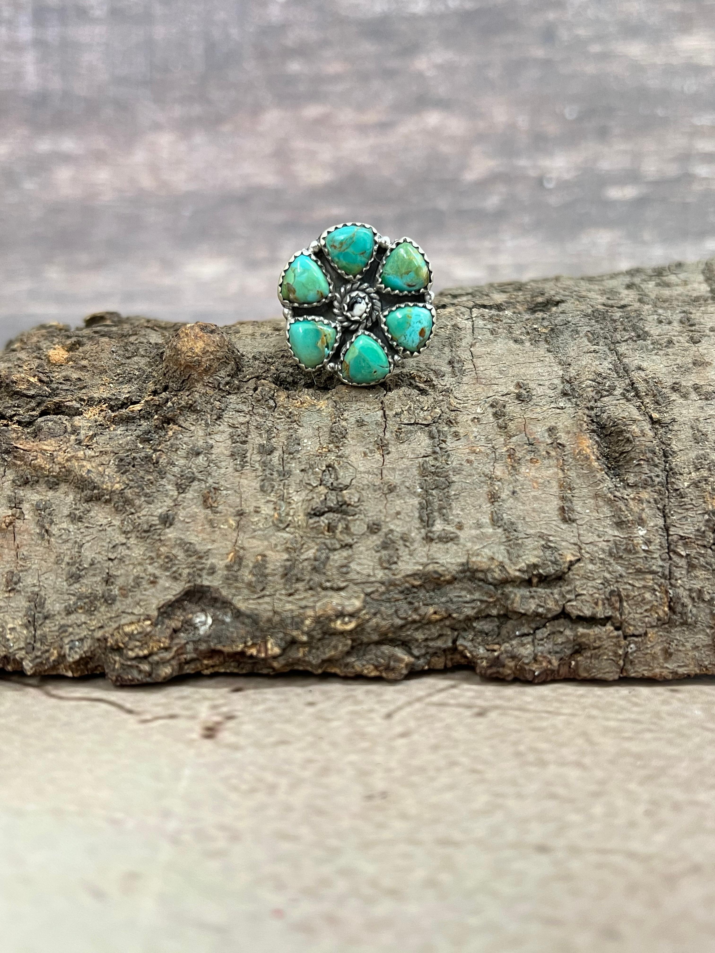 Handmade Sterling Silver Kingman Turquoise Adjustable Ring with Signed Nizhoni