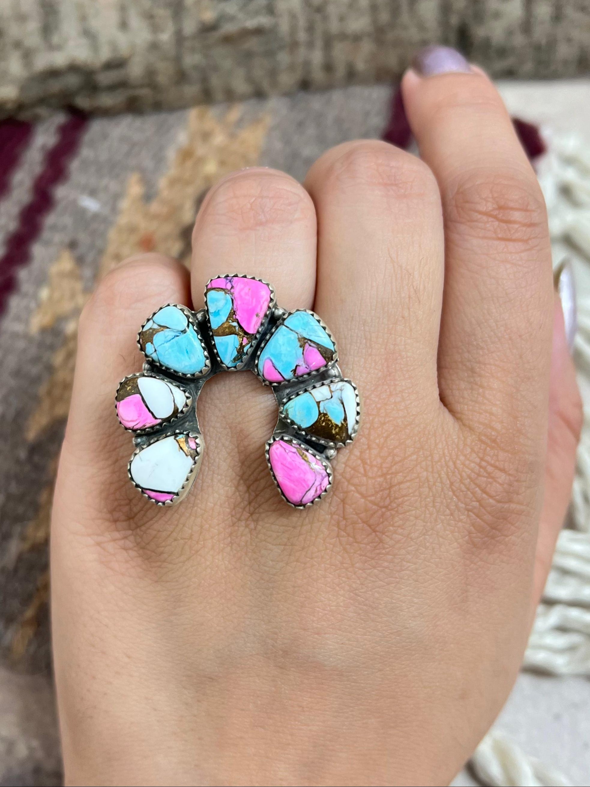 Handmade Sterling Silver Cotton Candy Turquoise Adjustable Rings with Signed Nizhoni