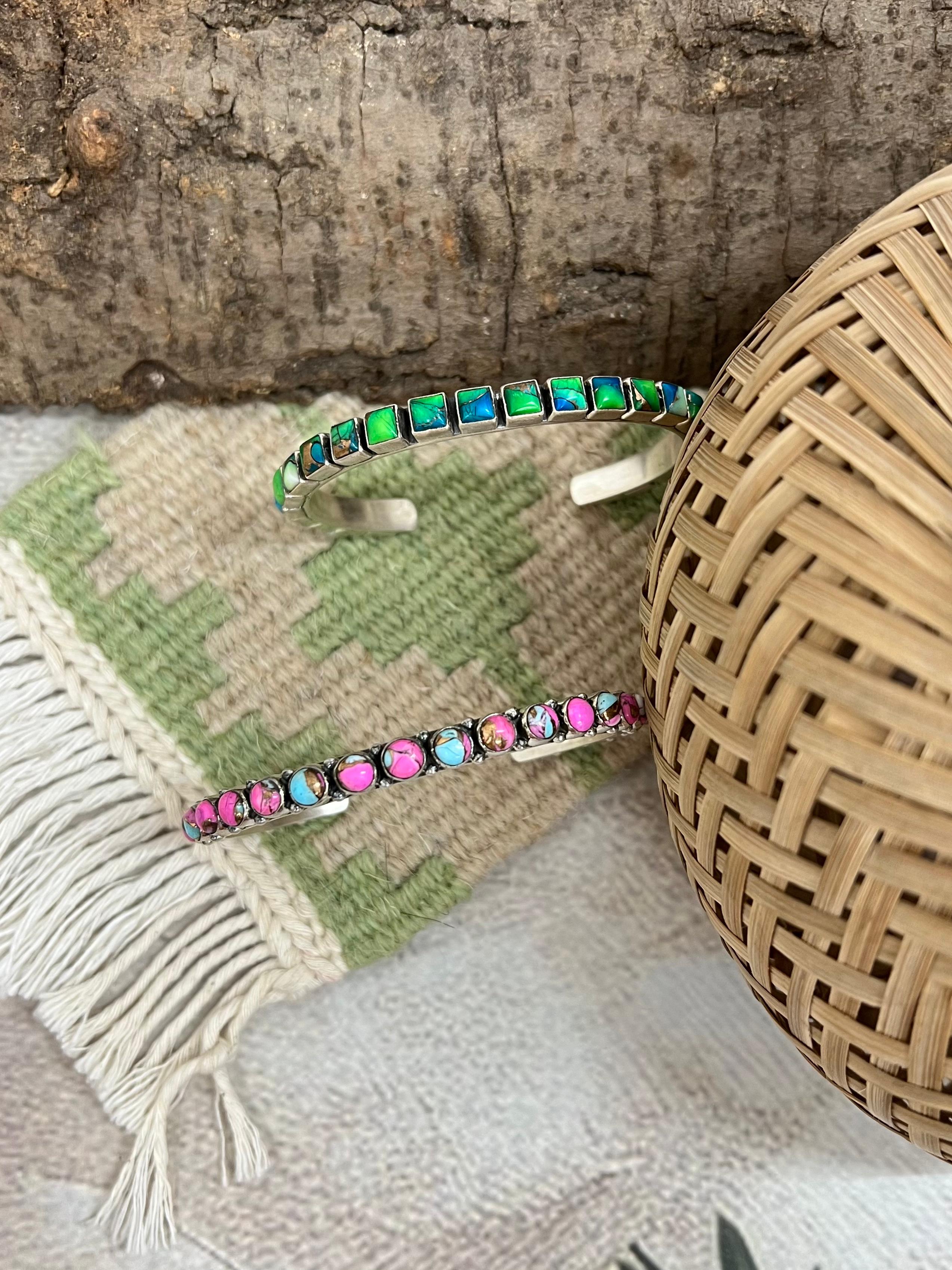 Handmade Sterling Silver Peacock Dahlia, Cotton Candy Cuff Bracelet with Signed Nizhoni