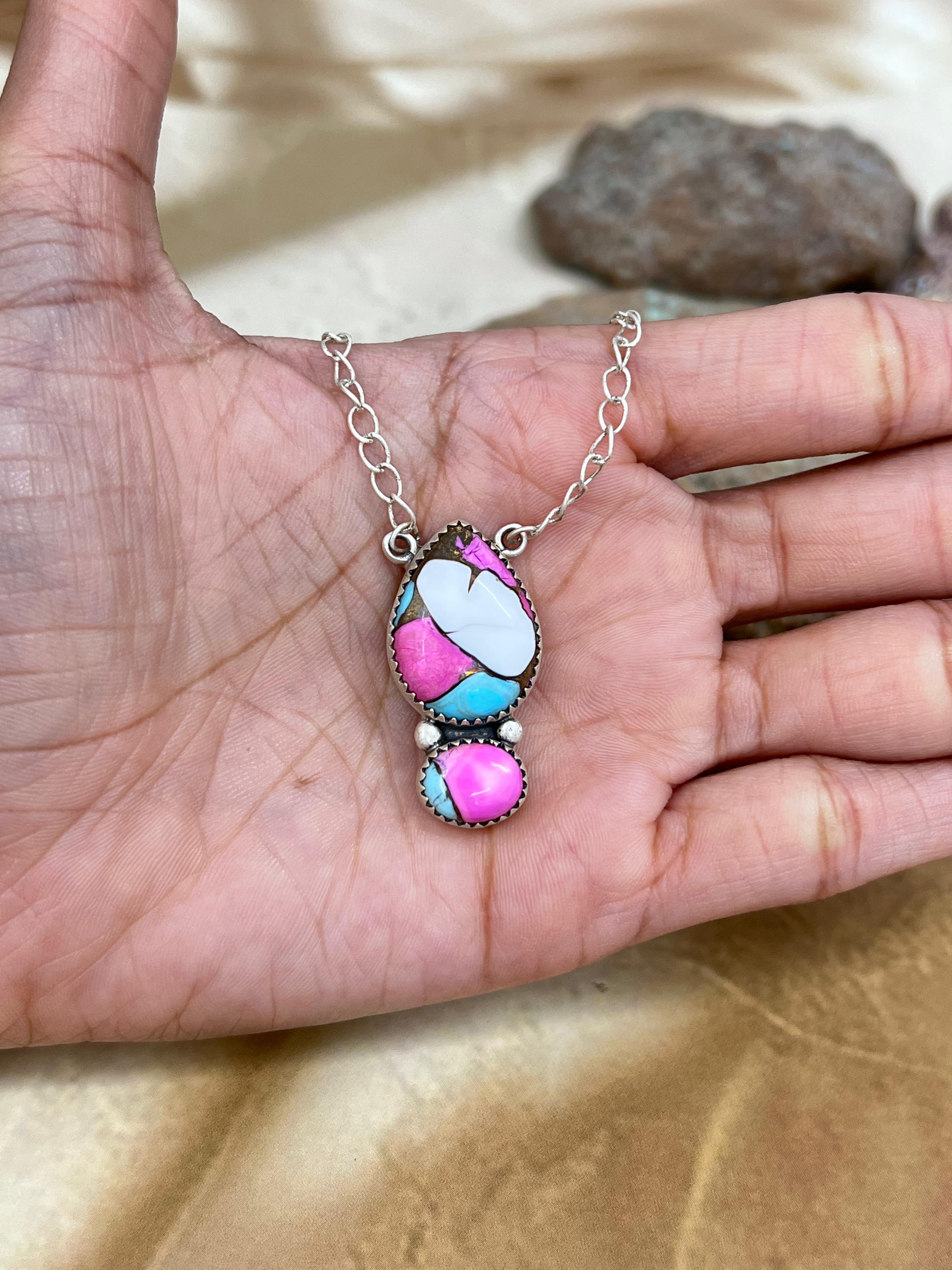 Handmade Sterling Silver Cotton Candy Turquoise Necklace with Signed Nizhoni (2)