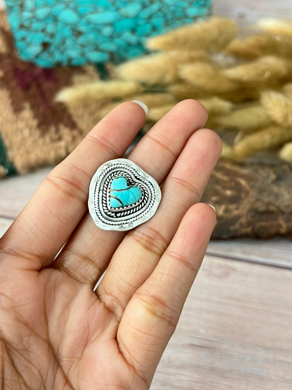 Handmade Sterling Silver Mint Dahlia Collection: Adjustable Heart Ring "Signed Nizhoni"