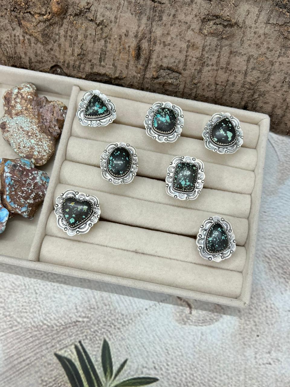 Handmade Sterling Silver Lander Turquoise Adjustable Ring With Signed Nizhoni