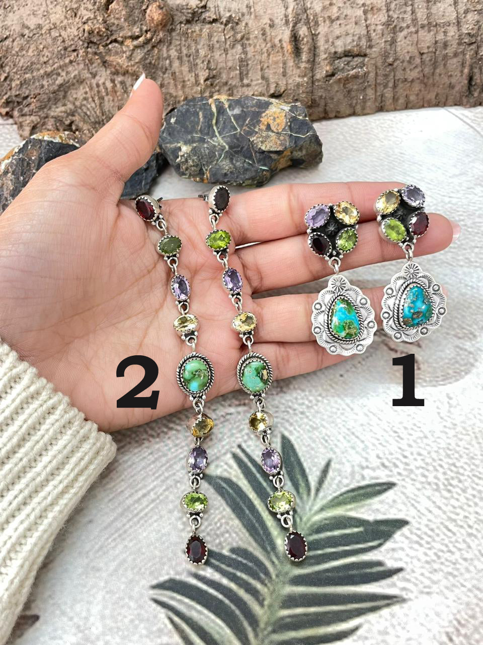 Handmade Sterling Silver Sonoran with Cut Stones Post Dangle Earrings "Signed Nizhoni"