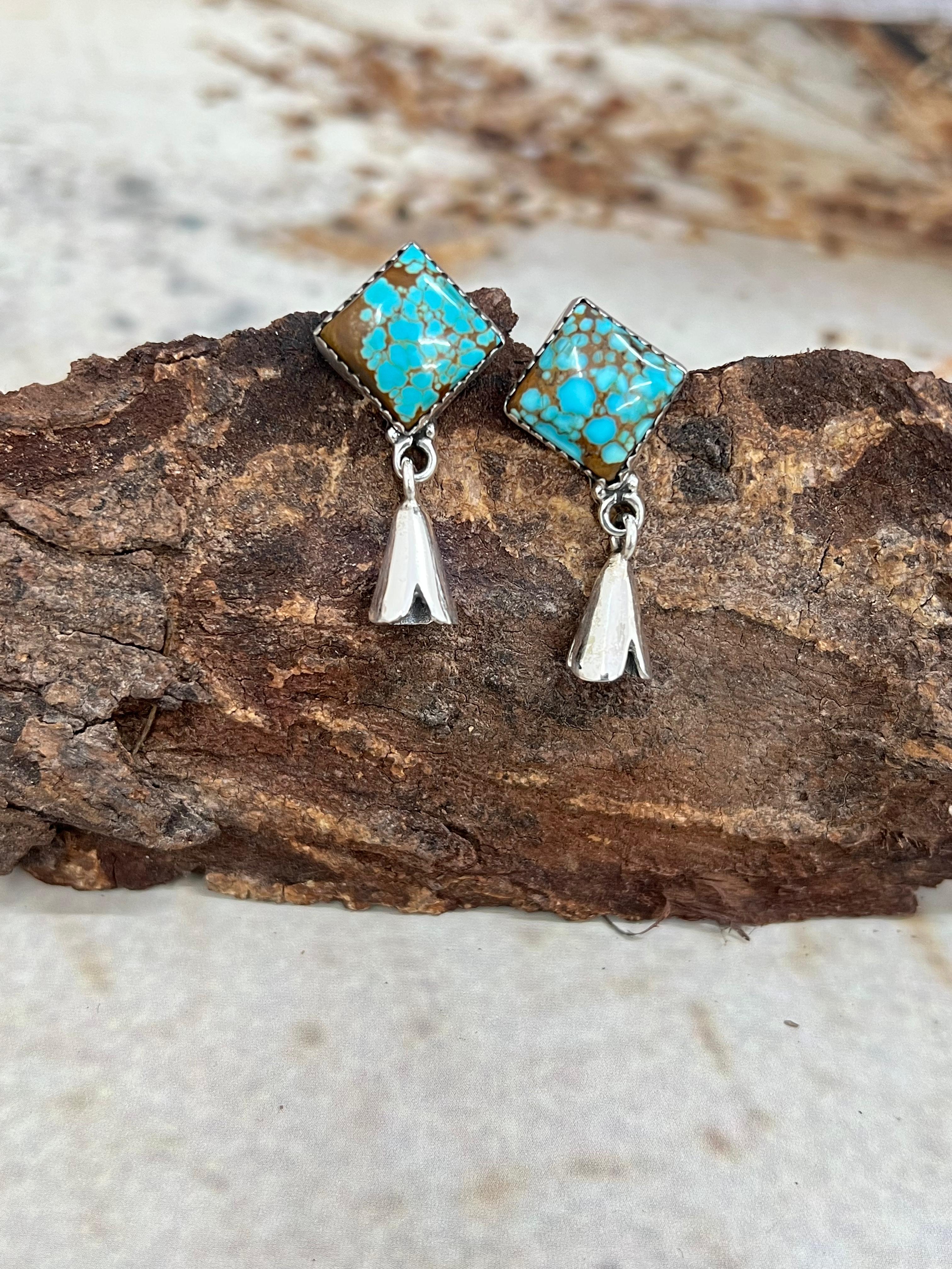 Handmade Sterling Silver Number 8 Turquoise Blossom Earrings with Signed Nizhoni