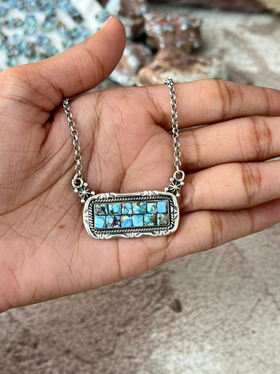 Handmade Sterling Silver 'Golden Hills Turquoise Cobble Collection' Necklace "Signed Nizhoni"