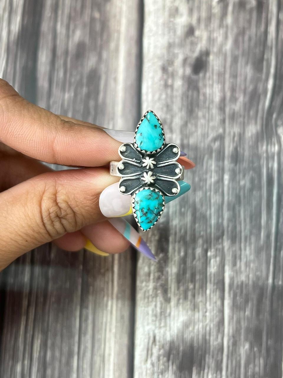 Handmade Sterling Silver Hubei Turquoise Adjustable Ring "Signed Nizhoni"