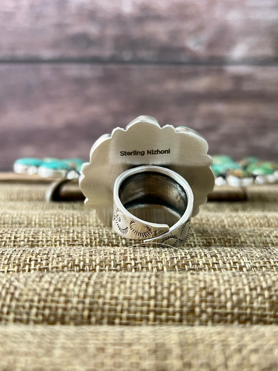 Handmade Sterling Silver Mantis Turquoise Adjustable Ring With Signed Nizhoni