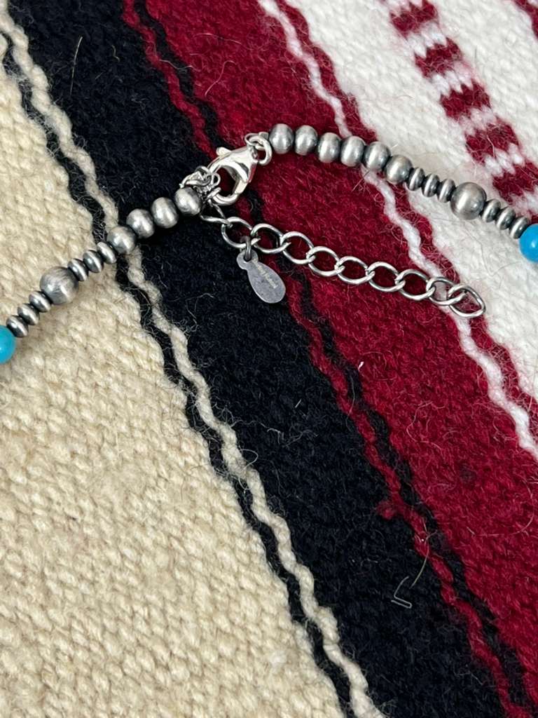 Handmade Sterling Silver Kingman Turquoise Beaded Necklace with Signed Nizhoni