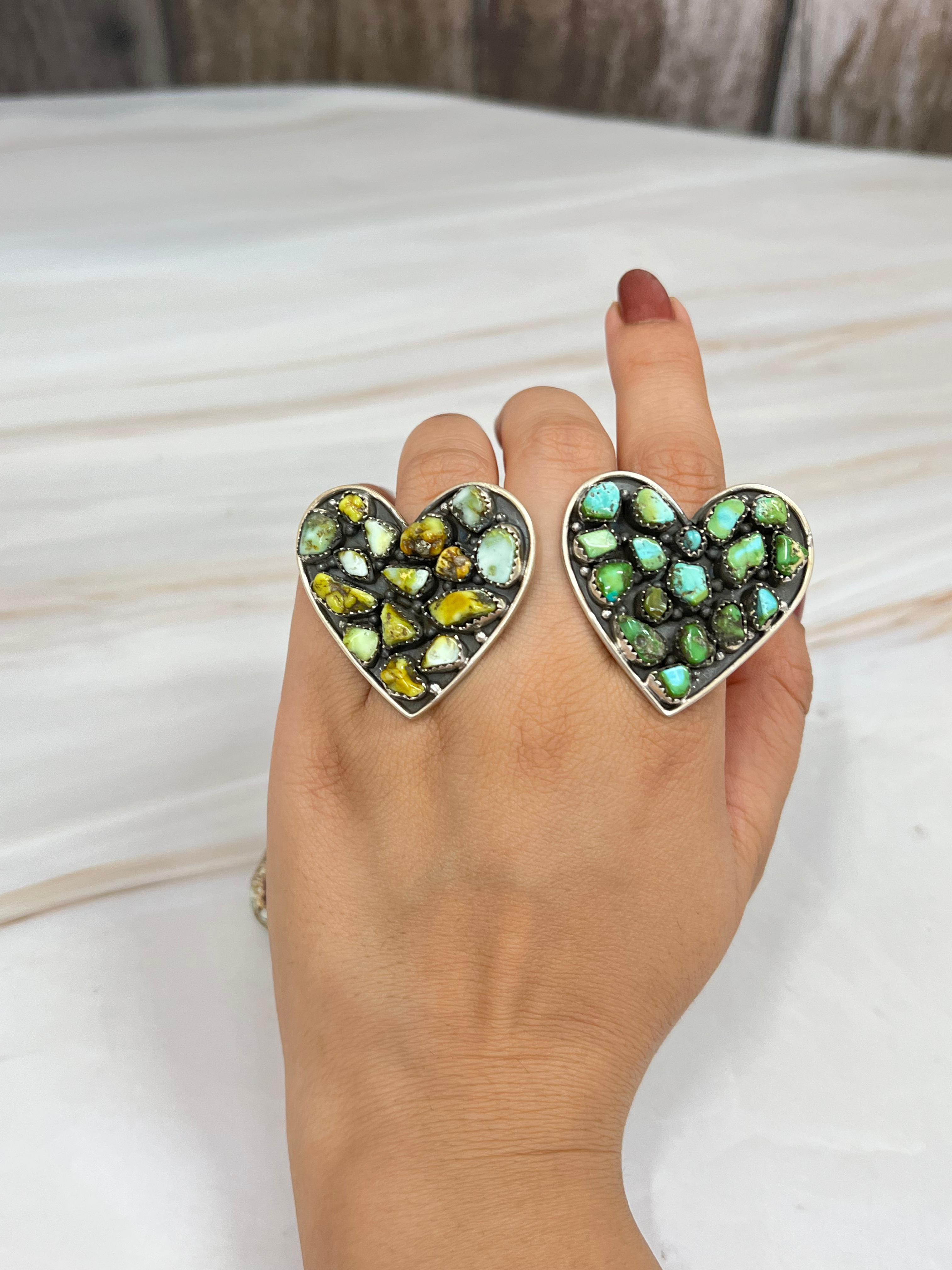 Handmade Sterling Silver Palomino, Sonoran Mountain Turquoise Heart Adjustable Ring with Signed Nizhoni