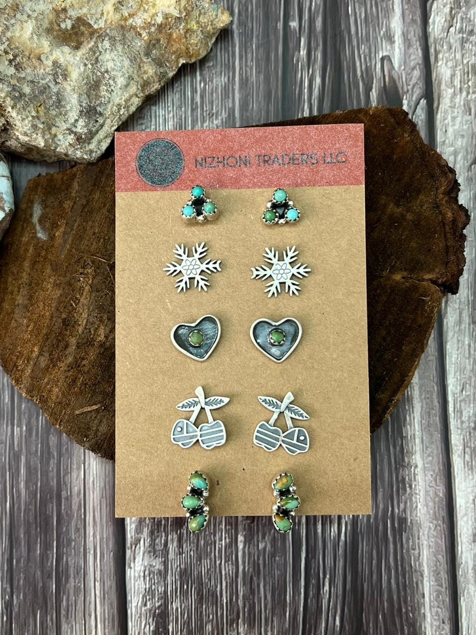 Handmade Sterling Silver Kingman Turquoise Post Studs Earrings Set