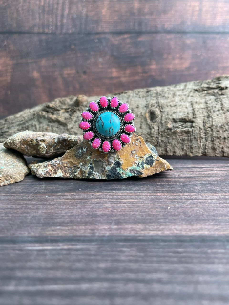 Handmade Sterling Silver Arizona Turquoise with Hot Pink Adjustable Ring "Signed Nizhoni"