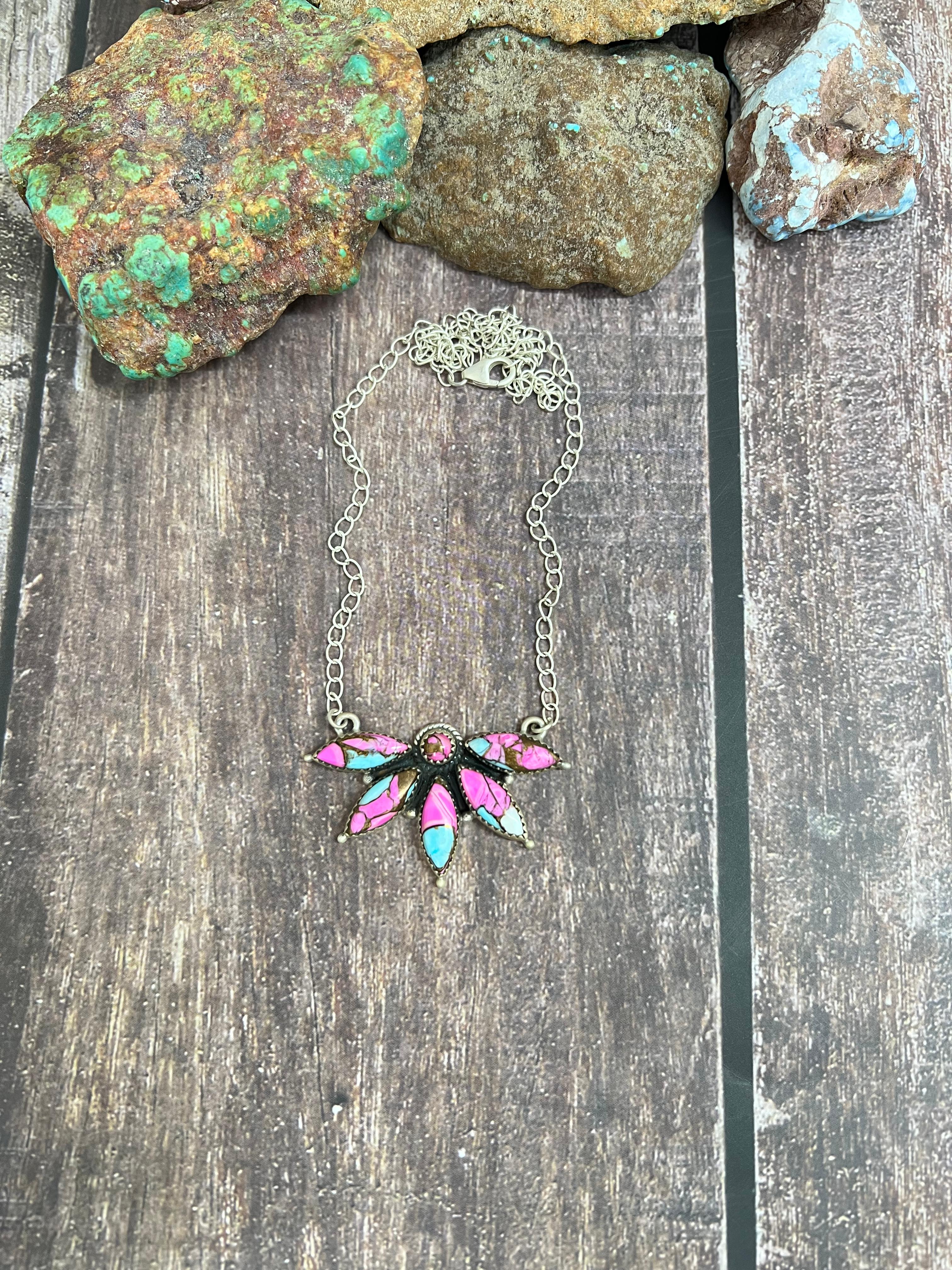 Handmade Sterling Silver Cotton Candy Turquoise Necklace with Signed Nizhoni