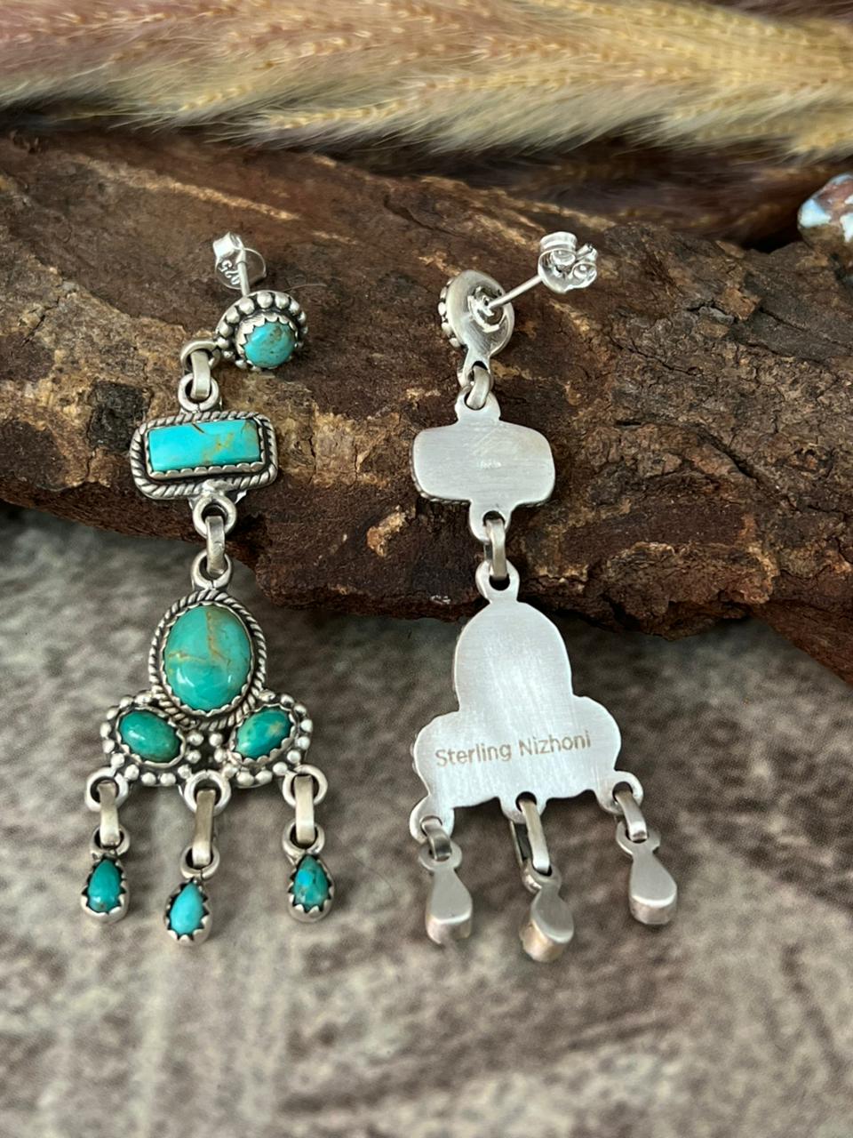 Handmade Sterling Silver Kingman Turquoise Post Dangle Earrings "Signed Nizhoni"