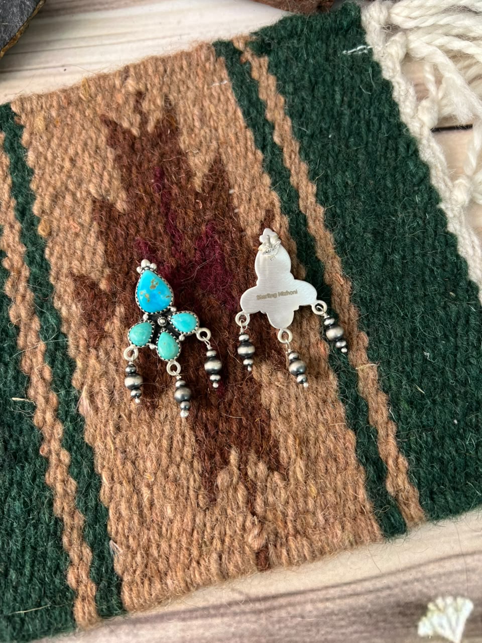 Handmade Sterling Silver Santa Maria Turquoise Post Dangle Beaded Earrings Signed Nizhoni